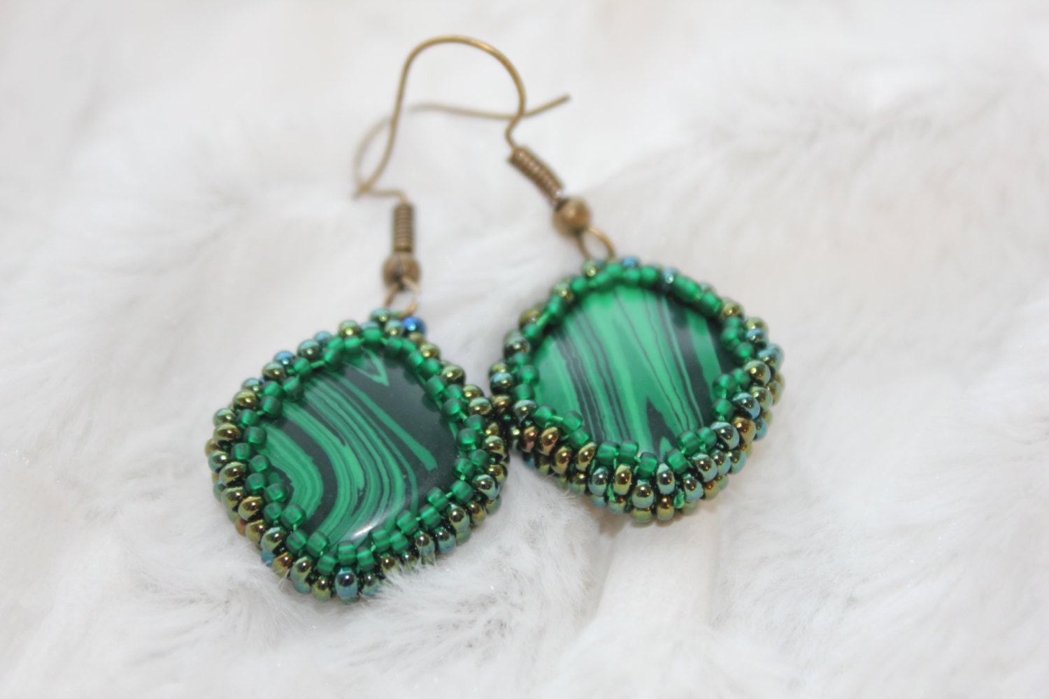 Dangle Malachite Earrings copper gold sterling silver hook, vintage emerald Green beaded earrings statement unique handmade gift for mom