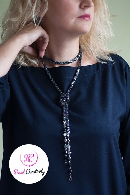Layered Ombre Green and Silver Lariat Necklace for Women Extra Long: Tassel Seed Bead Crochet Jewelry