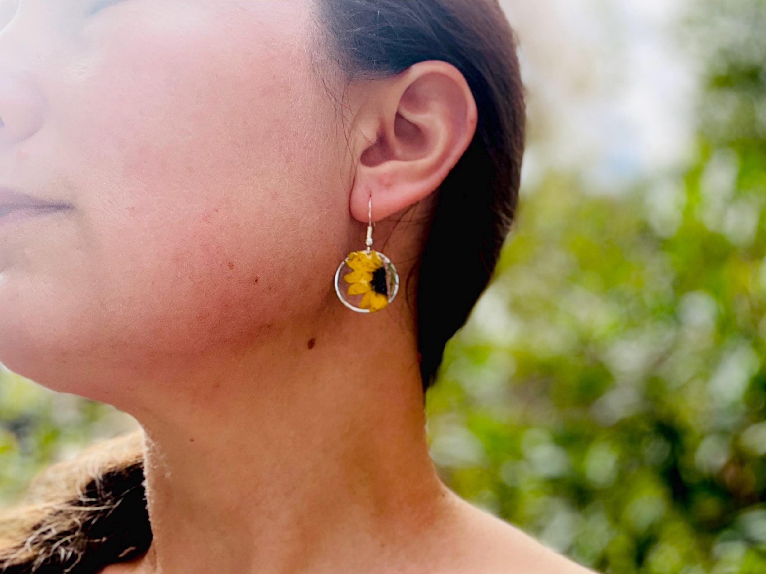 Real Pressed Sunflower Earrings: Sterling Silver Dangle Resin Jewelry