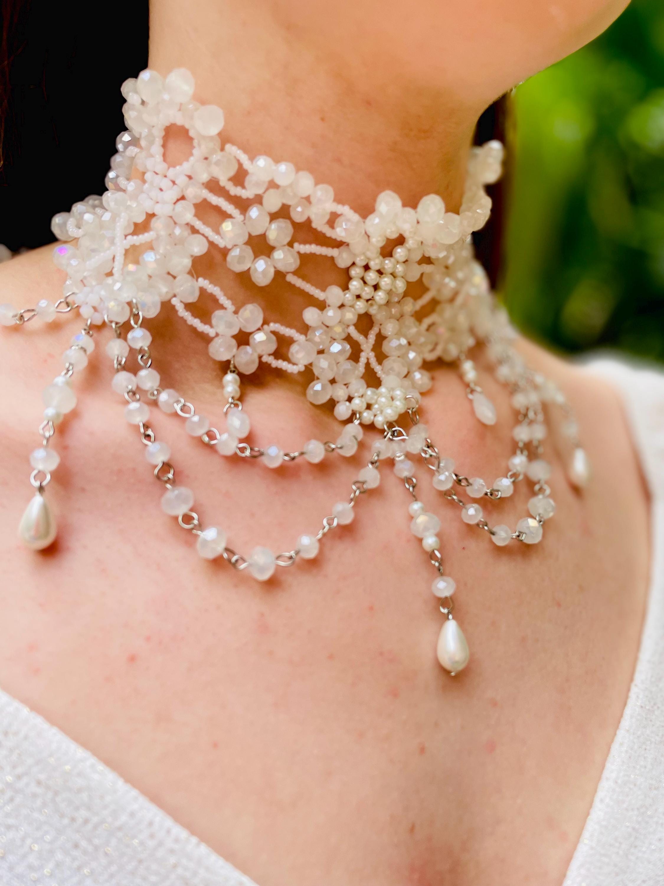 White Beaded Wedding Collar Necklace Multi Strand Pearl Choker Wide Crystal Necklace Fringe Victorian Bridal Choker Vintage Bridal Necklace