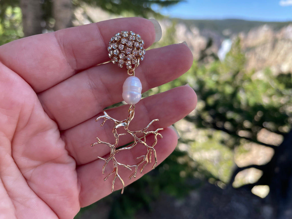 Gold Coral Branch Chandelier Earrings: Baroque Pearl Rhinestone Clip-Ons