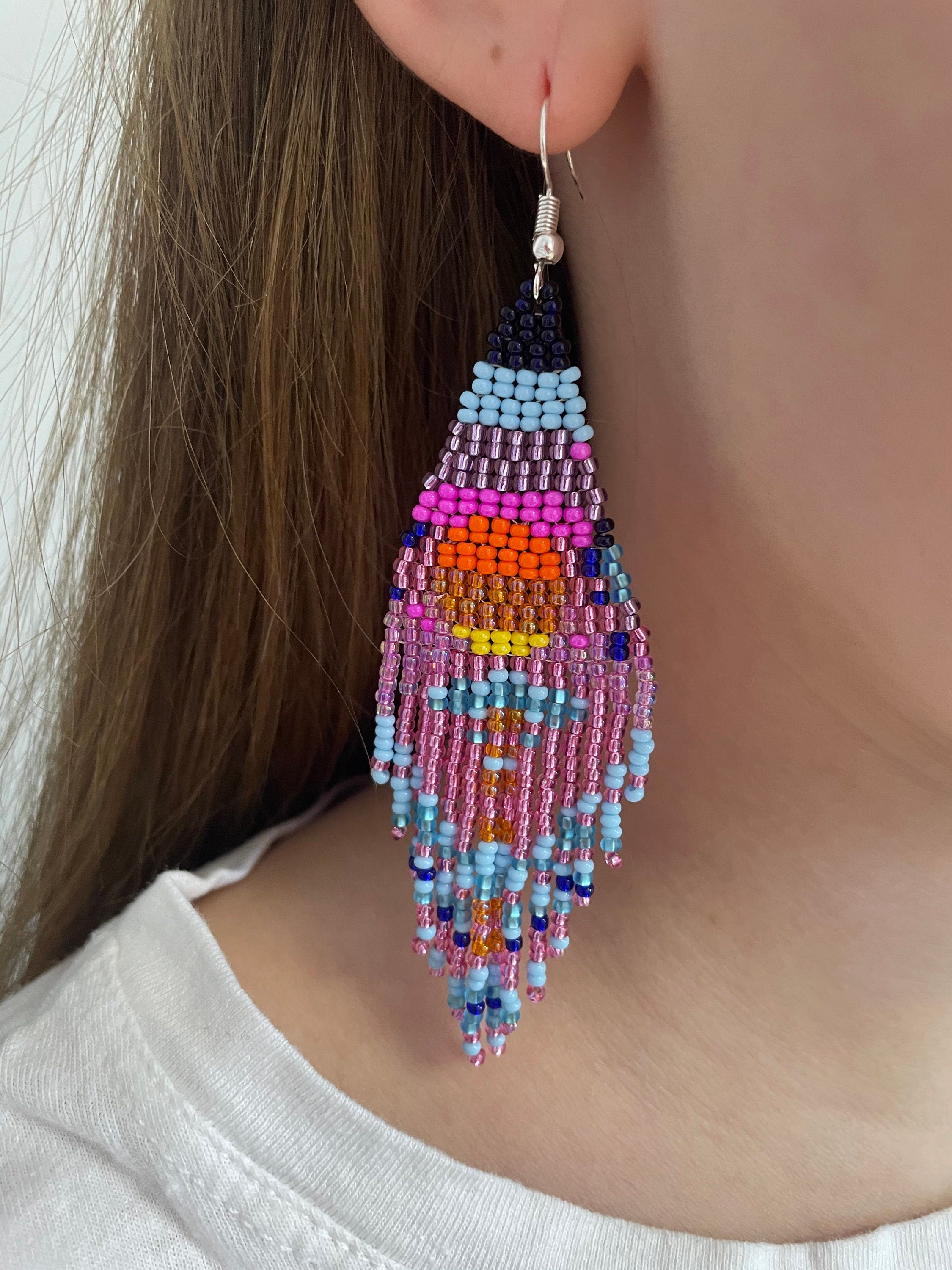 Pink Sunset long fringe Earrings dangle chandelier Seed bead earrings Artistic Beadwork earrings Seed bead Boho earring Sky Landscape Sea