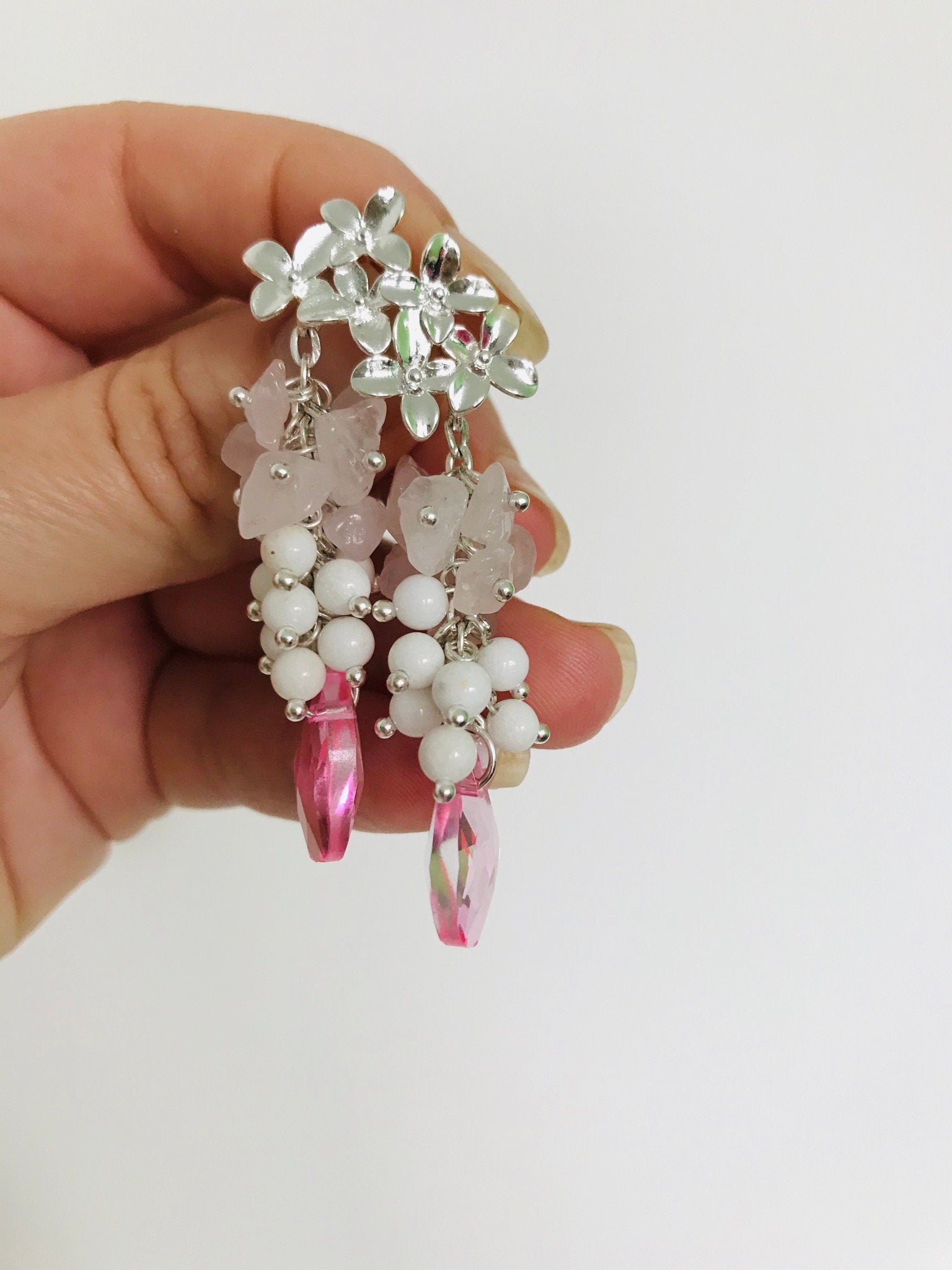 Rose Quartz Wedding Cluster Earrings Silver: Floral Statement Jewelry for Bride Libra gifts