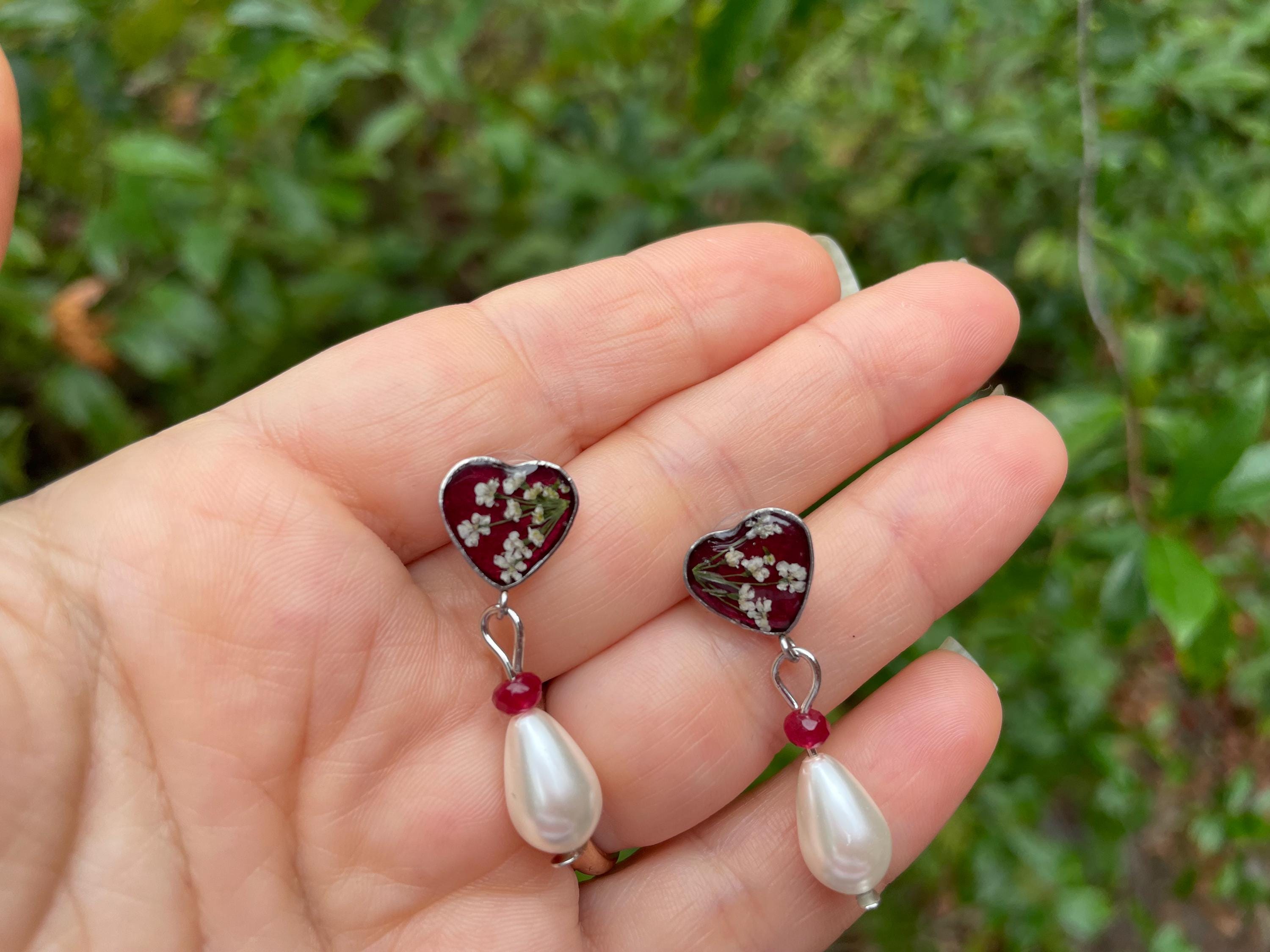 Silver Garnet Heart Earrings: Antique Wildflower Pearl Drop Jewelry January Birthstone
