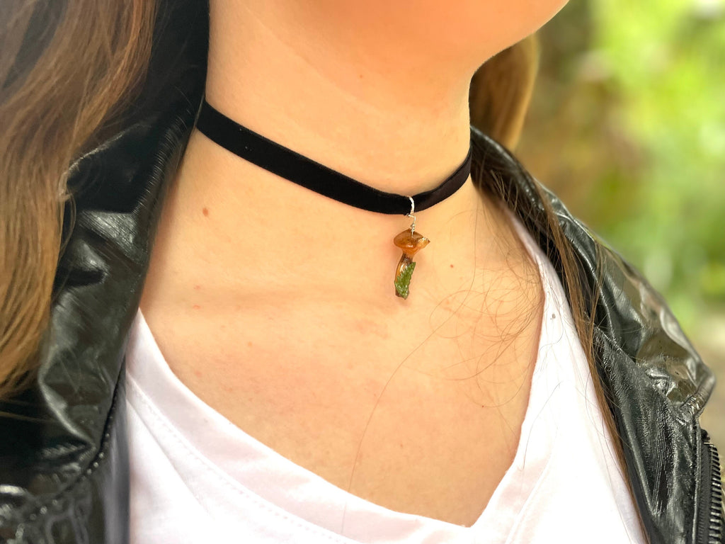Gothic Mushroom Resin Choker Necklace: Real Moss Fern Velvet Collar