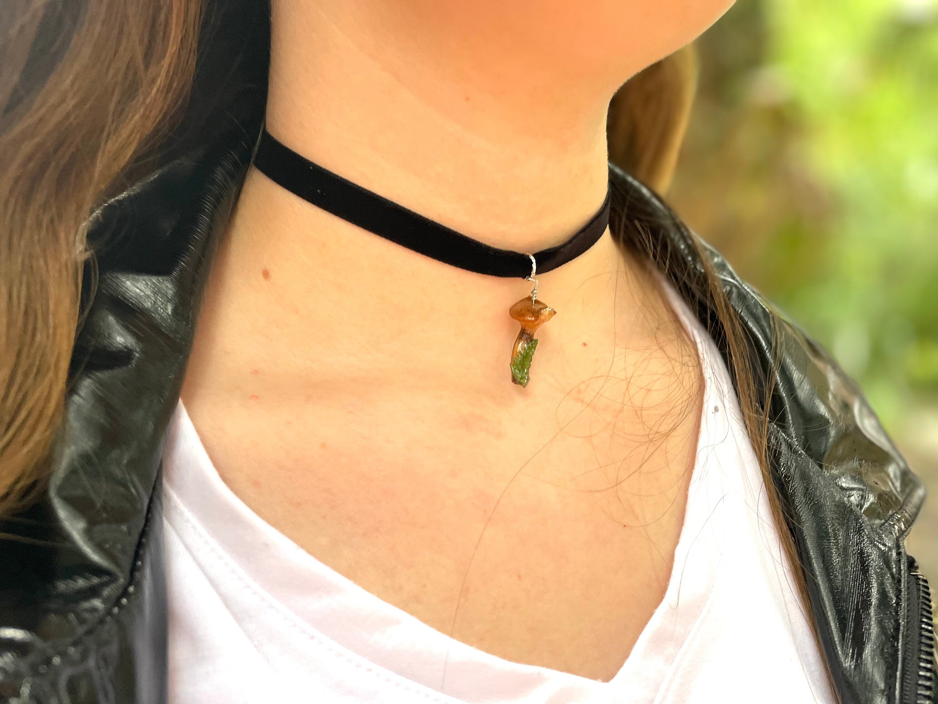 Gothic Mushroom Resin Choker Necklace: Real Moss Fern Velvet Collar