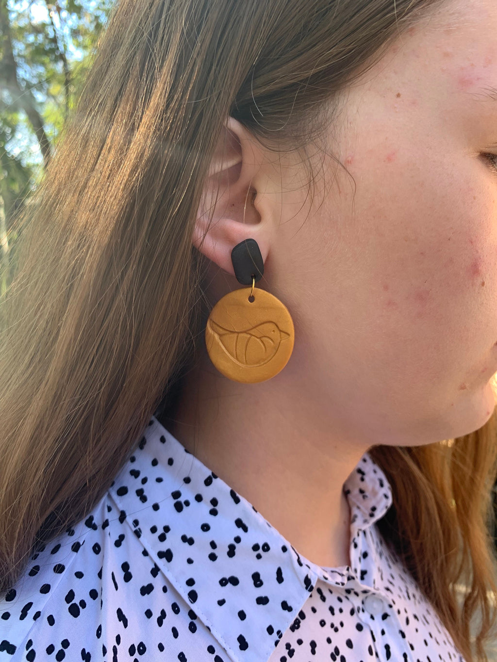 Gold and black bird earrings, Handmade Polymer Clay Earrings, Statement Dangle Earrings, Mothers Day gift, big clip on earrings hoops