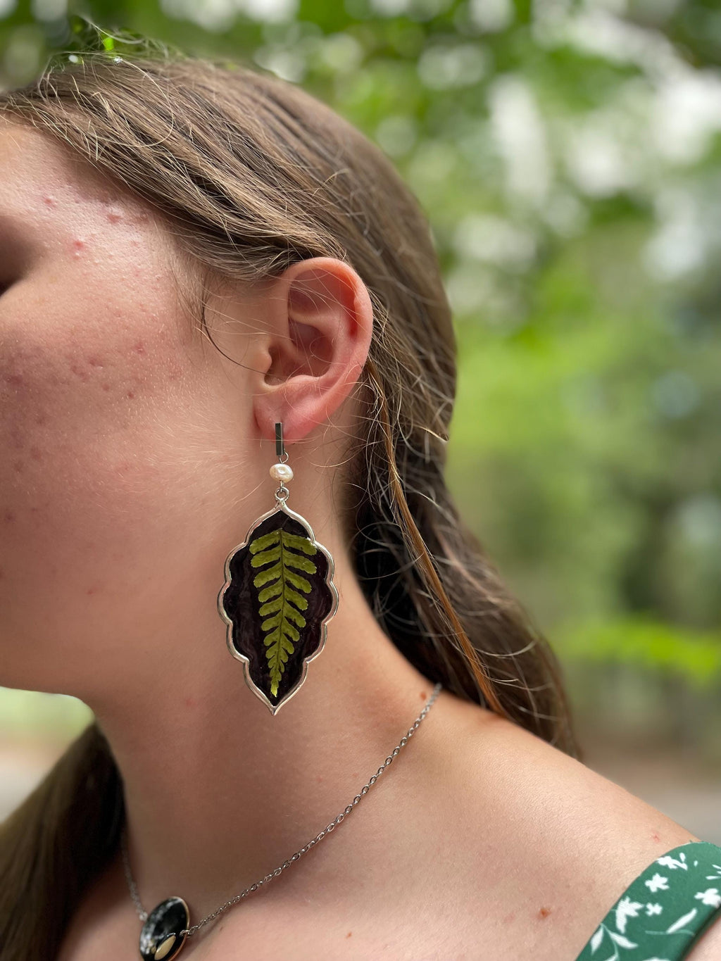 Fern Leaf Baroque Pearl Earrings: Gothic Resin Statement Jewelry
