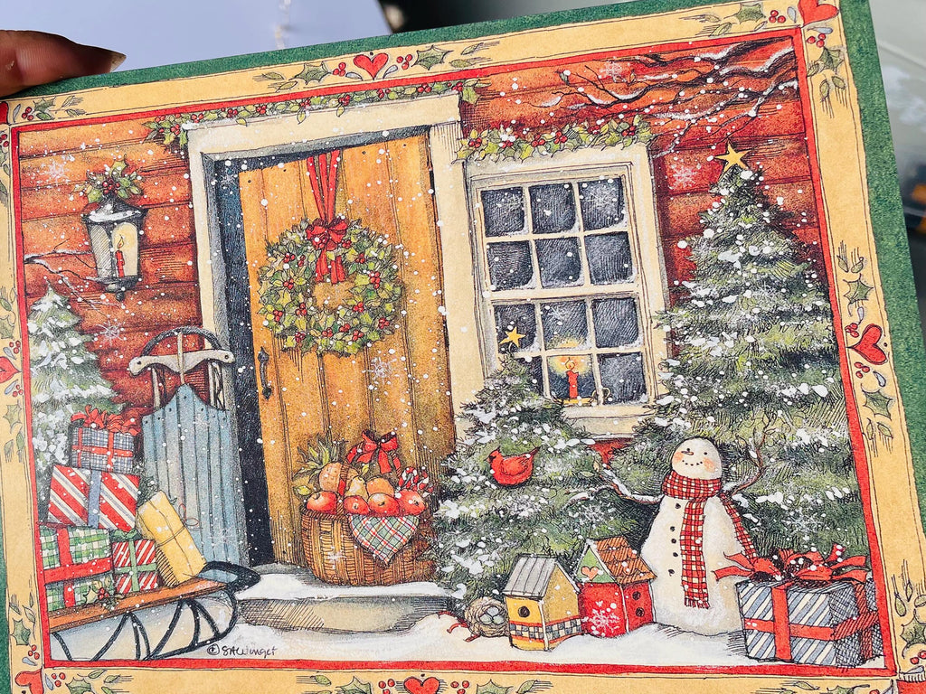 Holiday Door Christmas card boxed Vintage Old Fashion Christmas Card Snowman Sleigh Presents Christmas Wreath Farmhouse Winter Greeting Card