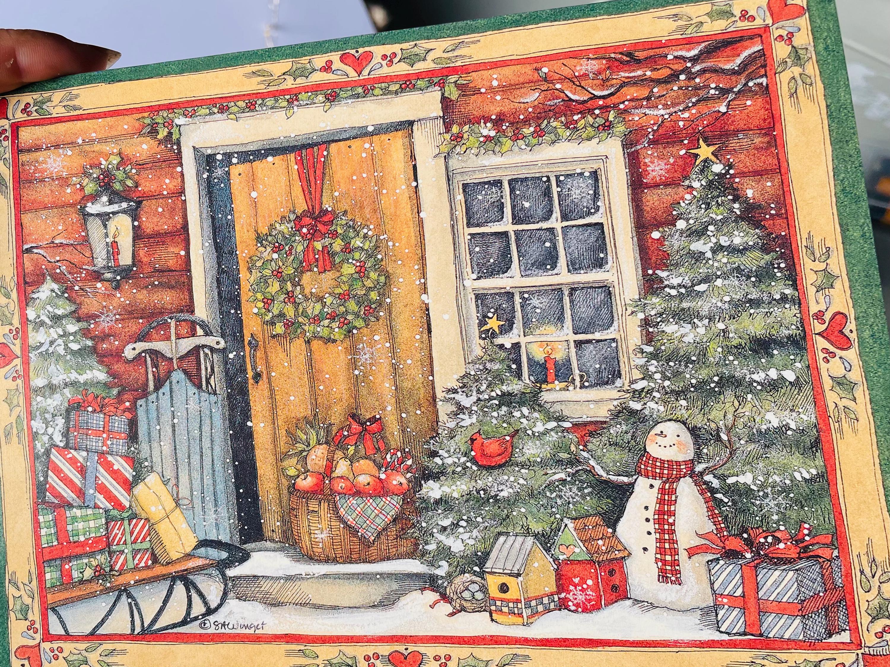 Holiday Door Christmas card boxed Vintage Old Fashion Christmas Card Snowman Sleigh Presents Christmas Wreath Farmhouse Winter Greeting Card