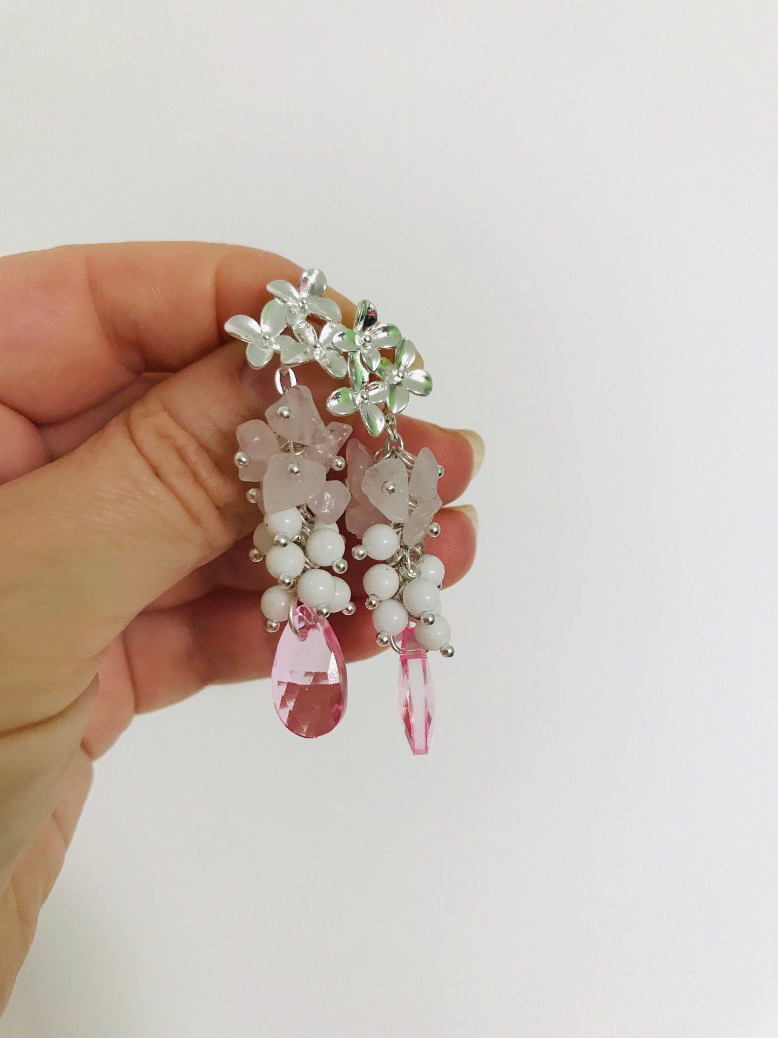 Rose Quartz Wedding Cluster Earrings Silver: Floral Statement Jewelry for Bride Libra gifts