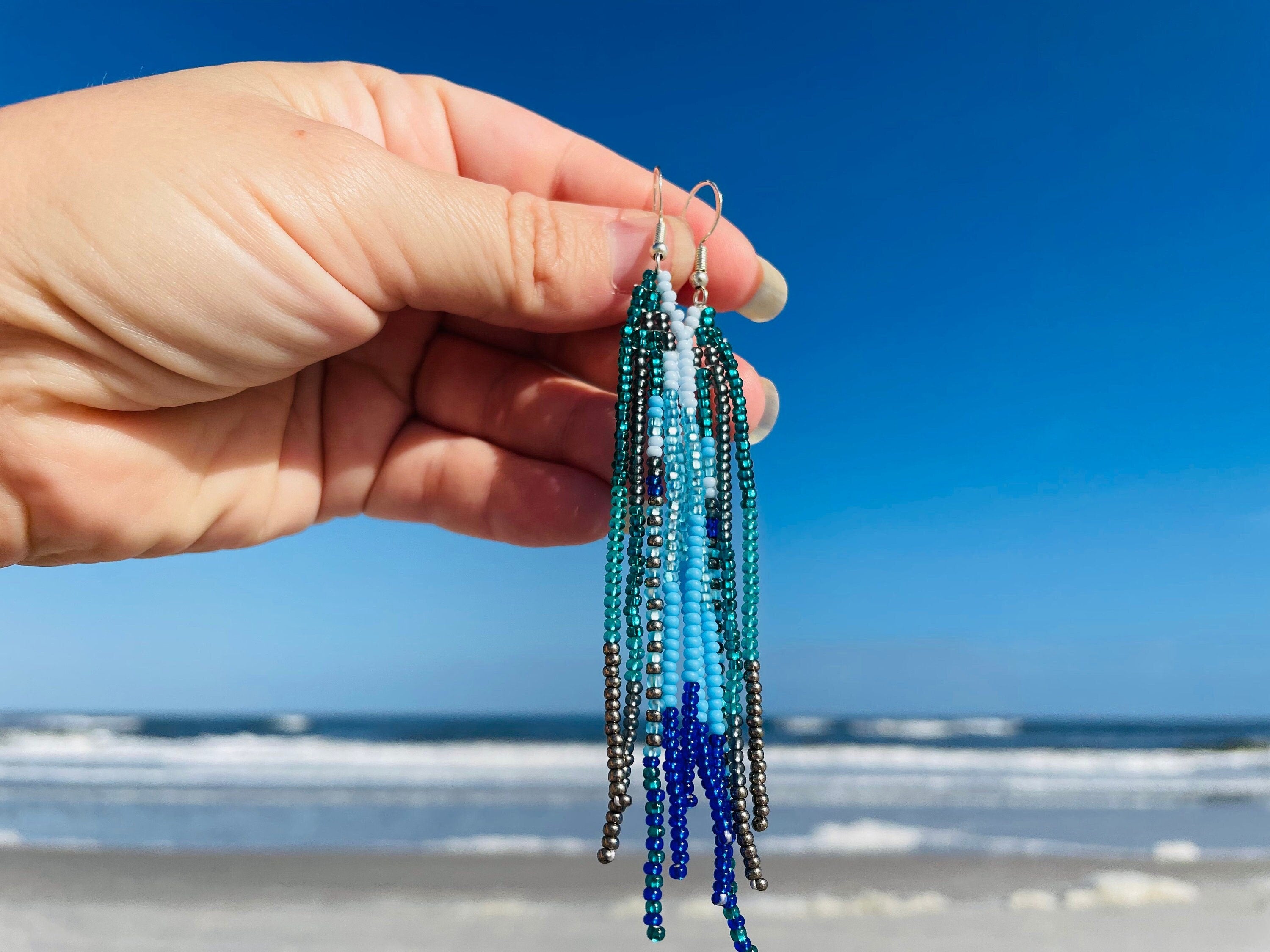 Patina blue Turquoise beaded earrings Long Emerald green Fringe earrings Ombre Chandelier Seed bead earrings Boho beadwork Dangle handmade