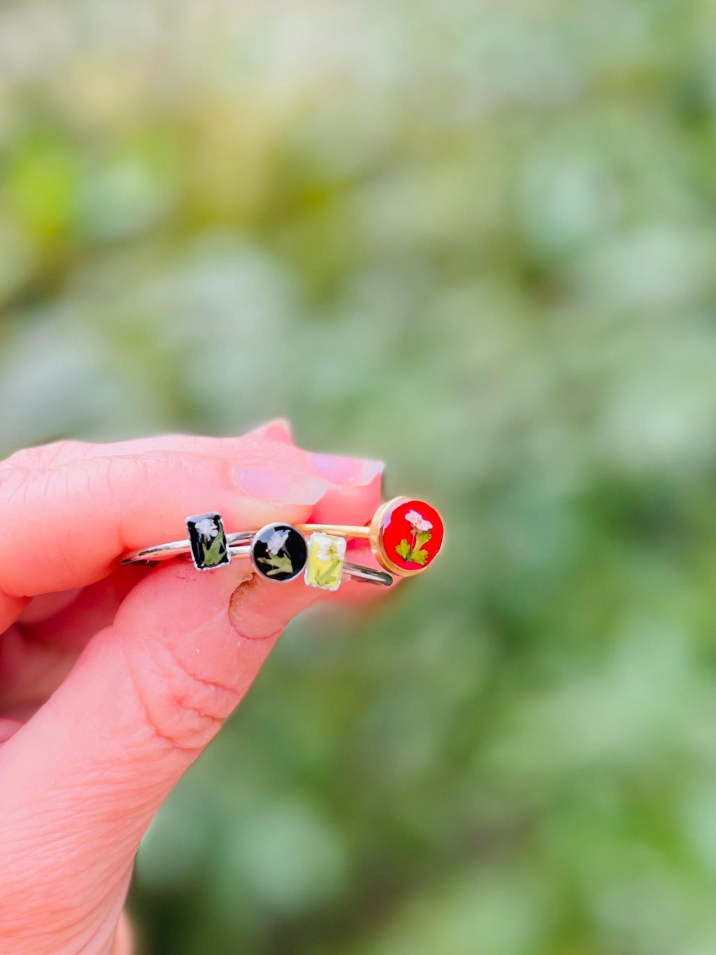 Personalized Birthstone Color Ring: Silver Adjustable Pressed Wildflower Jewelry