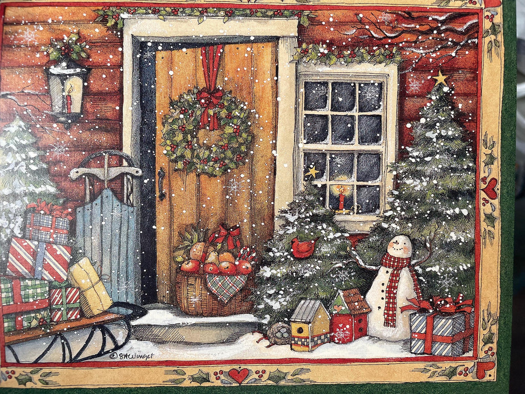 Holiday Door Christmas card boxed Vintage Old Fashion Christmas Card Snowman Sleigh Presents Christmas Wreath Farmhouse Winter Greeting Card