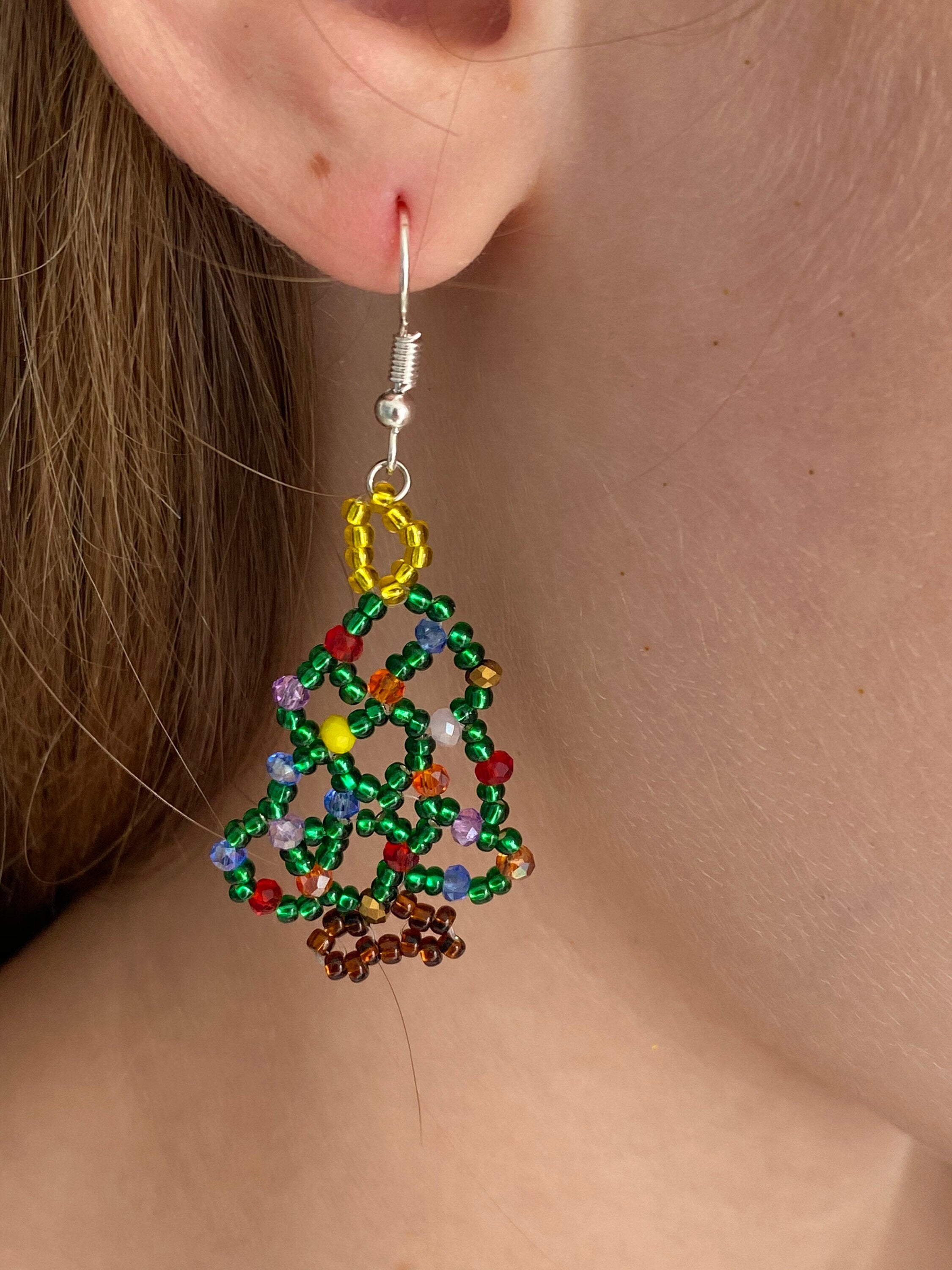 Cute rainbow Christmas tree earrings dangle, Austrian Crystal Christmas Tree Earrings Unique holiday gift for best friend handmade