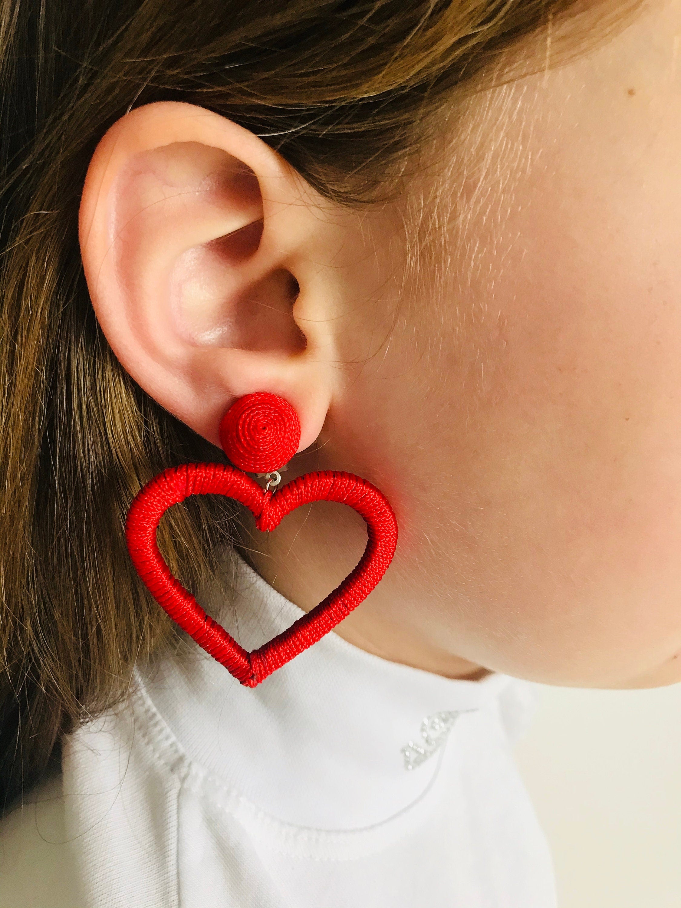 Mothers Day gift Heart earrings cricut Red black pink heart clip on Cute Valentine Earrings handmade Oversized drop dangle Love earrings