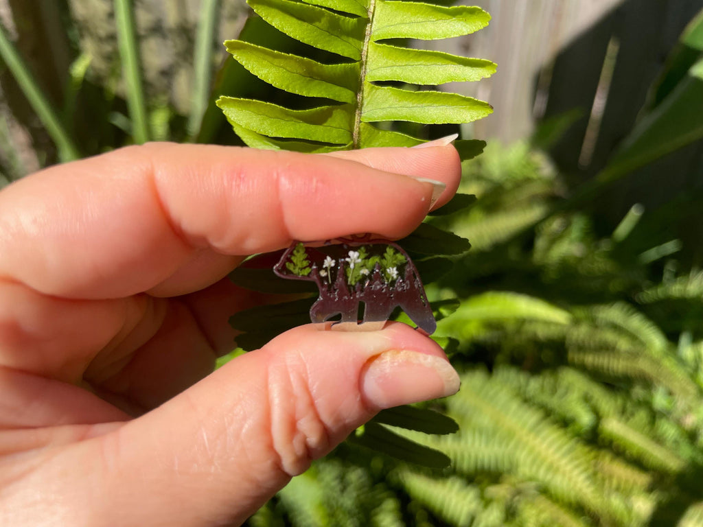 Papa Bear Silver Chain Pendant Necklace for Men: Pressed Fern and Flower Mountain Jewelry, Birthstone Personalized