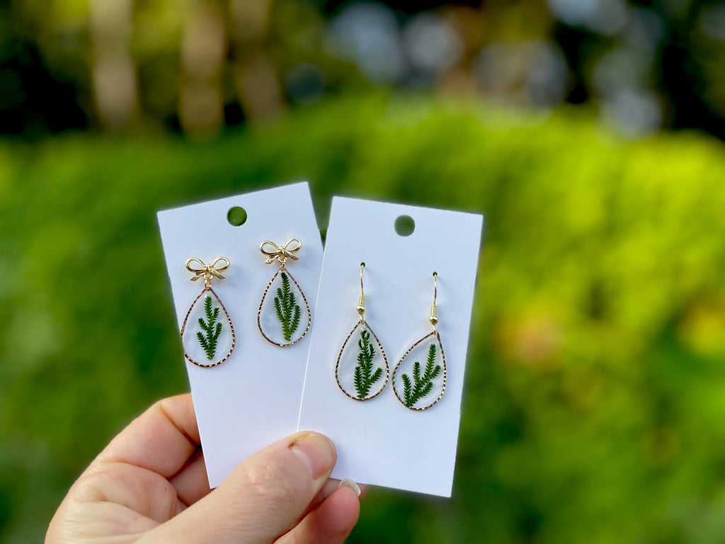 Gold bow Earrings Stud with Christmas Tree Branch, Green Real Plant  Botanical Earrings Dangle