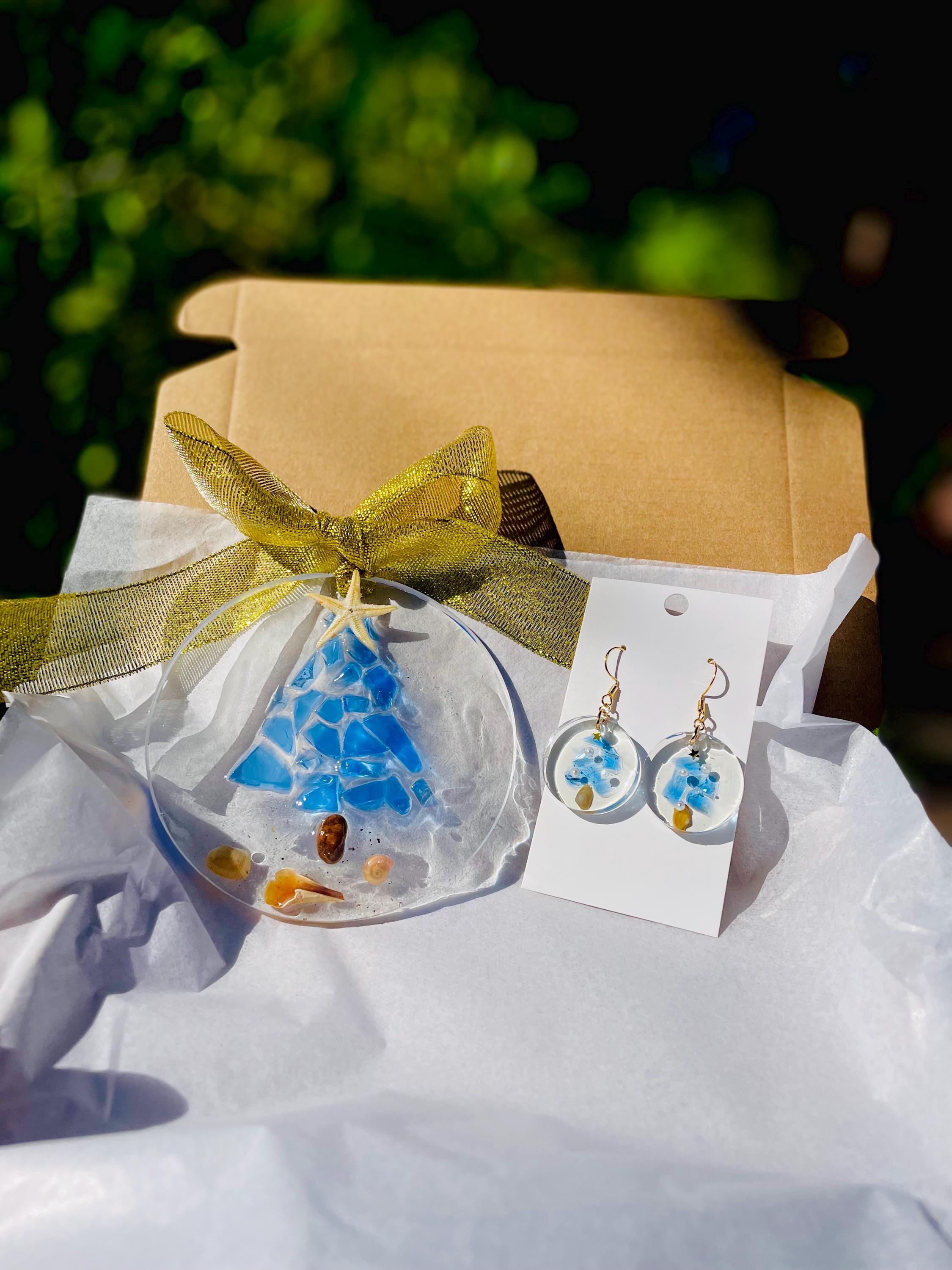 Christmas Gift Box with Coastal Christmas Ornament and Sea Glass Chtistmas Tree Earrings Starfish & Crushed Blue Sea Glass Holiday Ornament