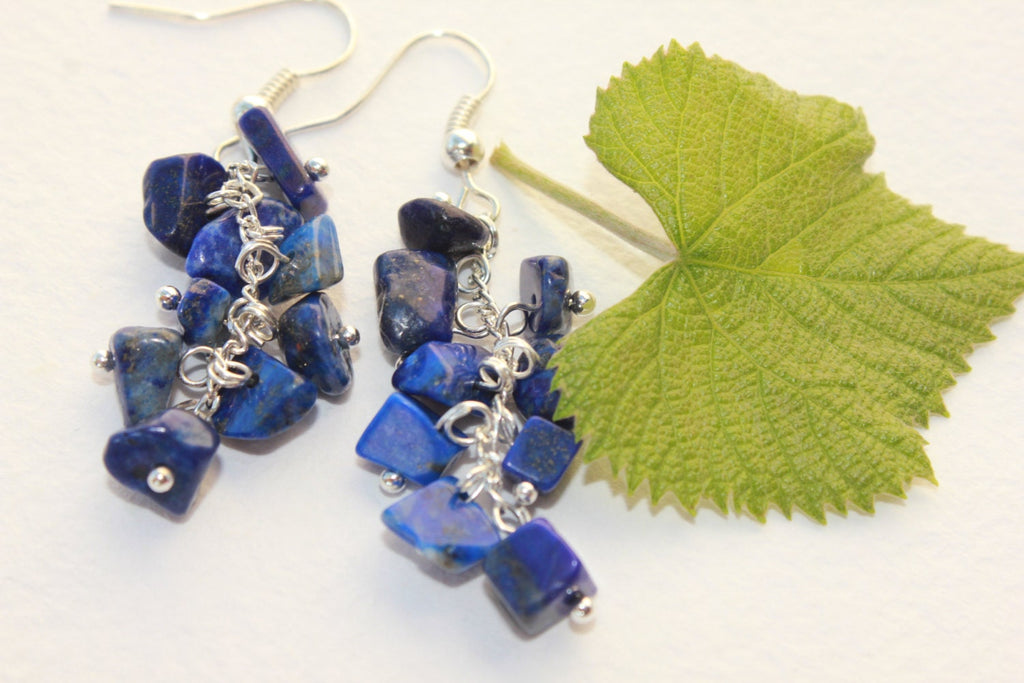 Lapis Lazuli Cluster Earrings: Silver Plated, Sapphire Blue Jewelry