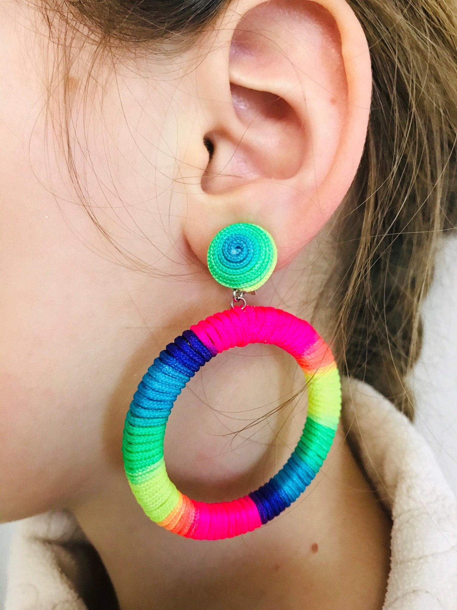 Clip on earrings, Silk like cord wrapped multicolored hoop bon bon earrings, Pride lesbian earrings, Rainbow Hoop Dangle earrings for Women