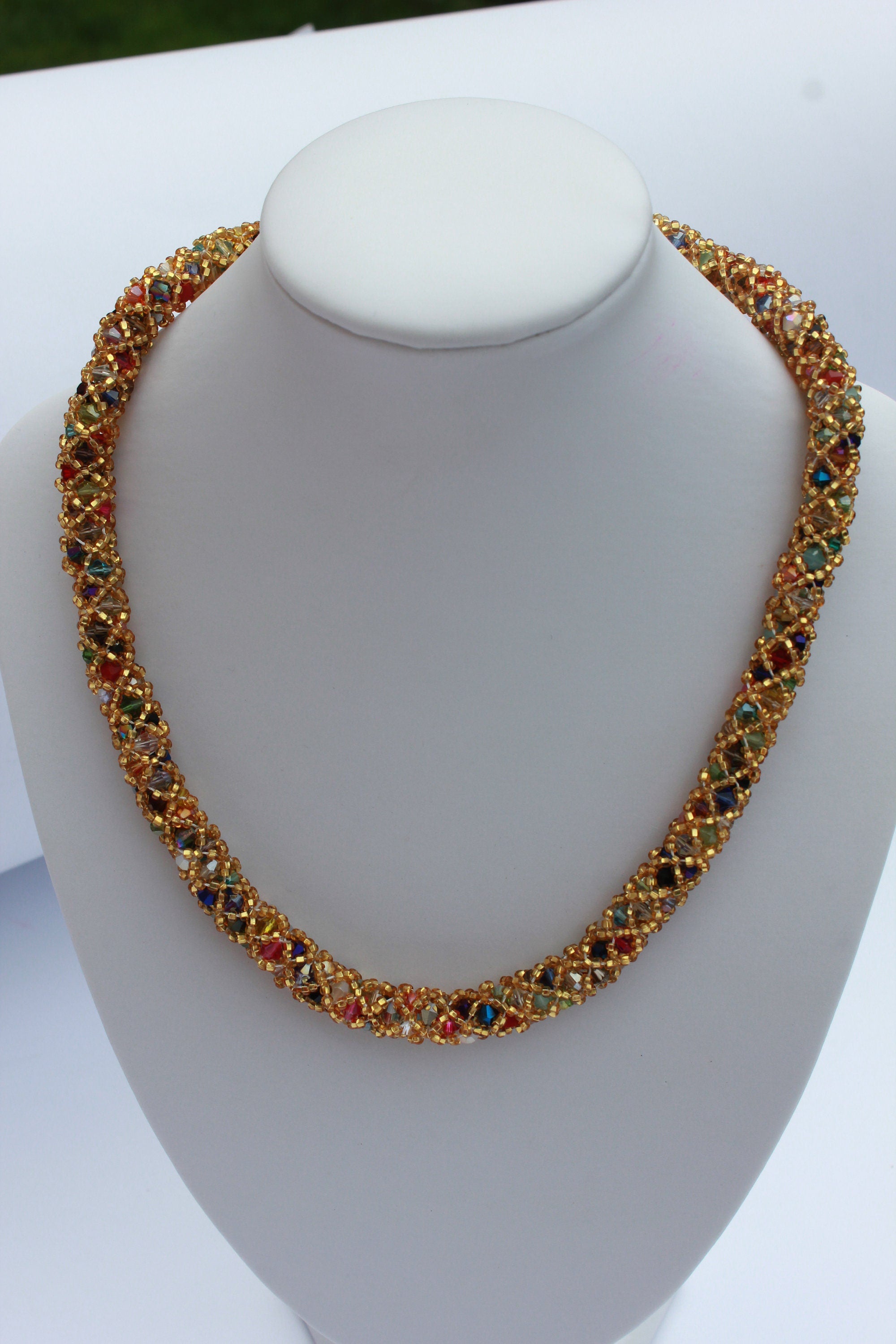 Bracelet. Mothers day gift for wife girlfriend. Gold beaded bracelet with rainbow crystals, handmade jewelry multicolored statement jewelry