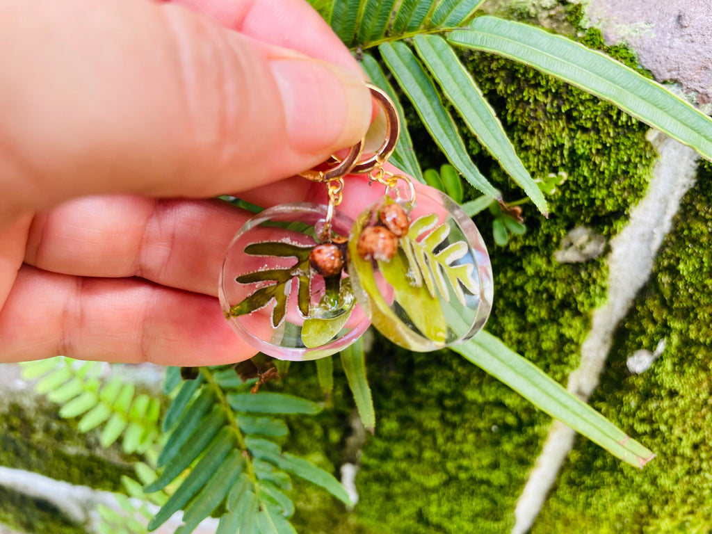 Gold-Filled Resin Earrings: Acorn, Fern & Oak Leaf - Mori Kei Jewelry