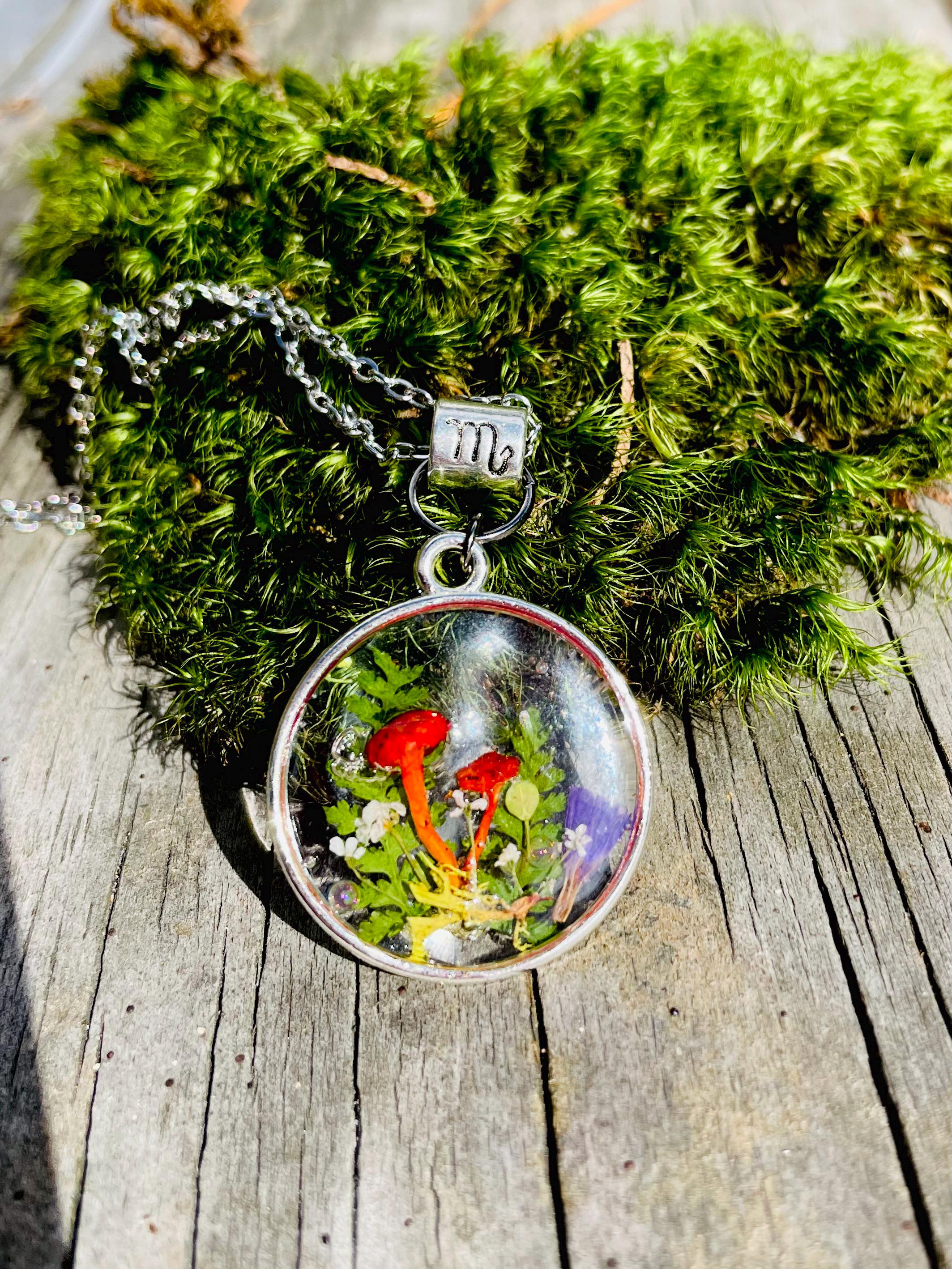 Personalized Mushroom Forest Zodiac Necklace: Handmade Resin Pendant, Birthstone Crystals