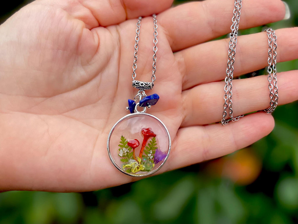 Real Mushroom Lapis Lazuli Pendant: September Birthstone Necklace Personalized Zodiac