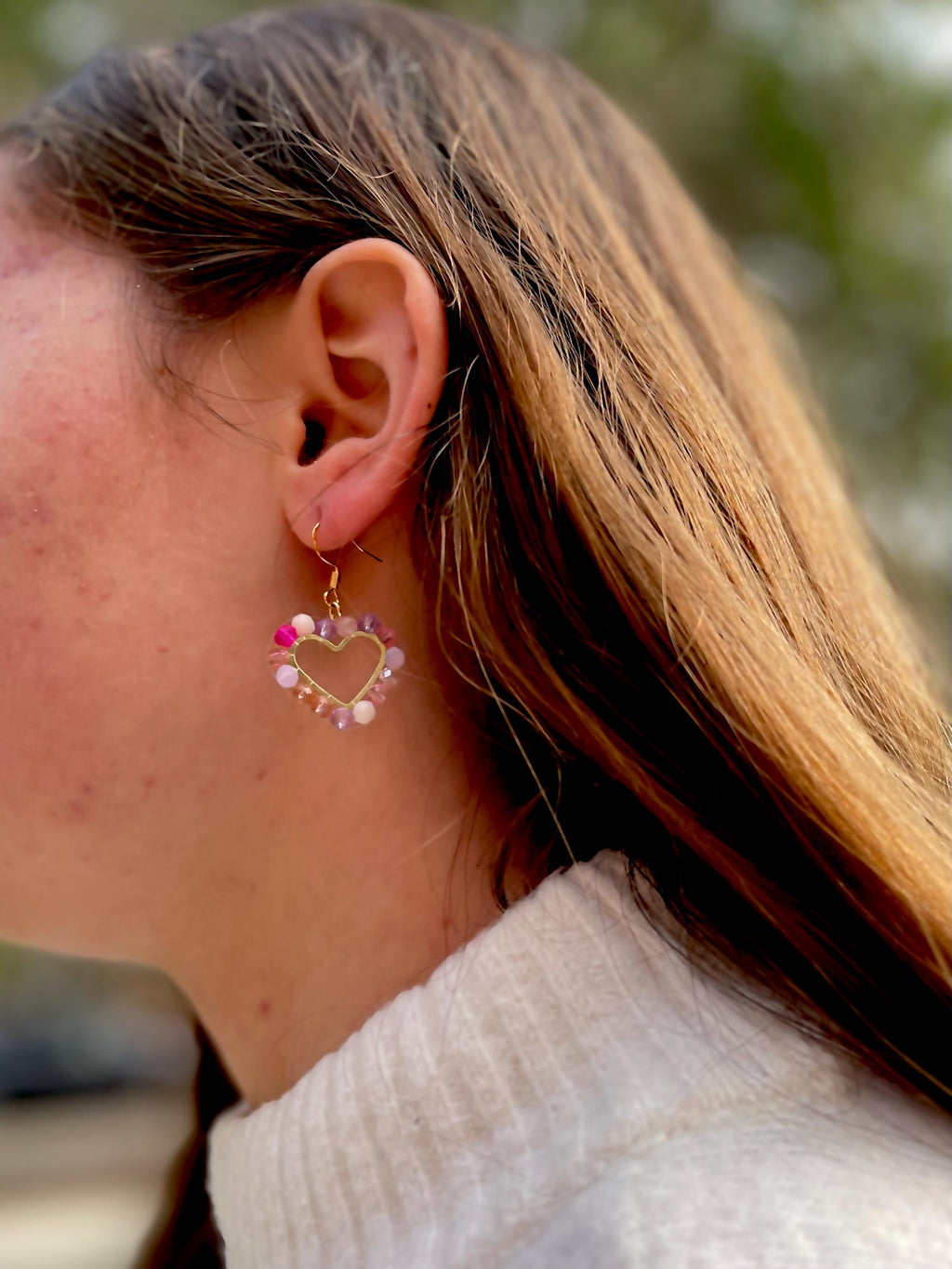 Red Beaded Heart Hoop Earrings: 14K Gold Romantic Dangle Earrings