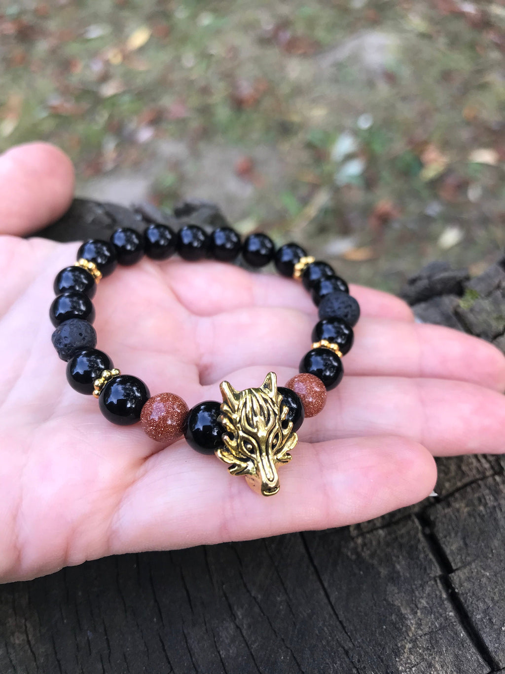 Christmas gift for him, black beaded bracelet with gold Wolf charm for men, lava diffuser bracelet anniversary present for boyfriend brother