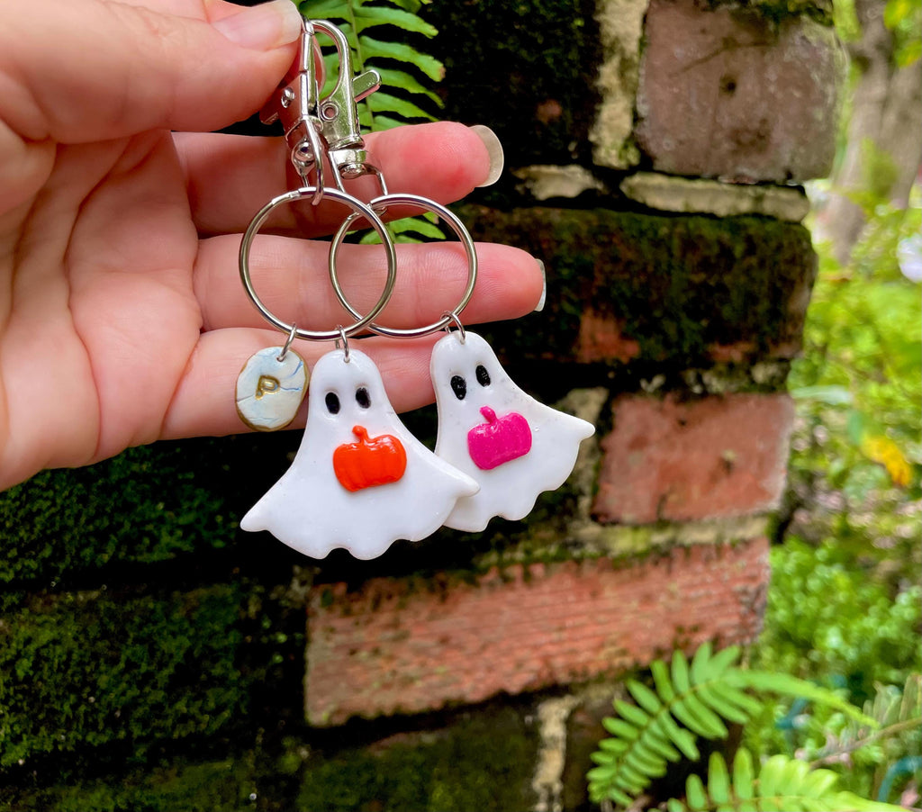 Personalized Ghost Keychain: Clay Pumpkin Charm, Initial Bag Accessory