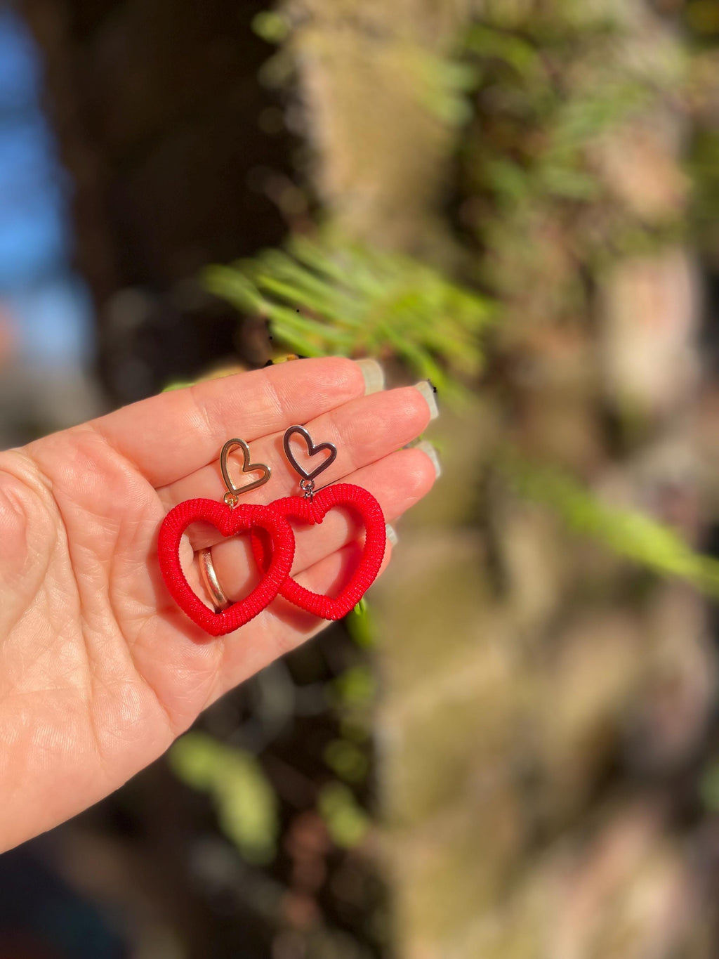 Red Silk Cord Heart Earrings: Valentine's Day Statement Hoops