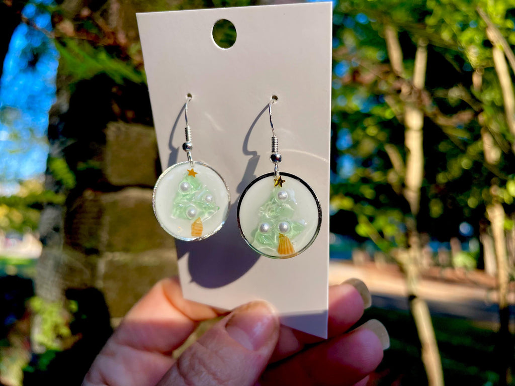 Sea Glass Christmas Tree Earrings: Resin Pearl Mosaic, Silver Tone