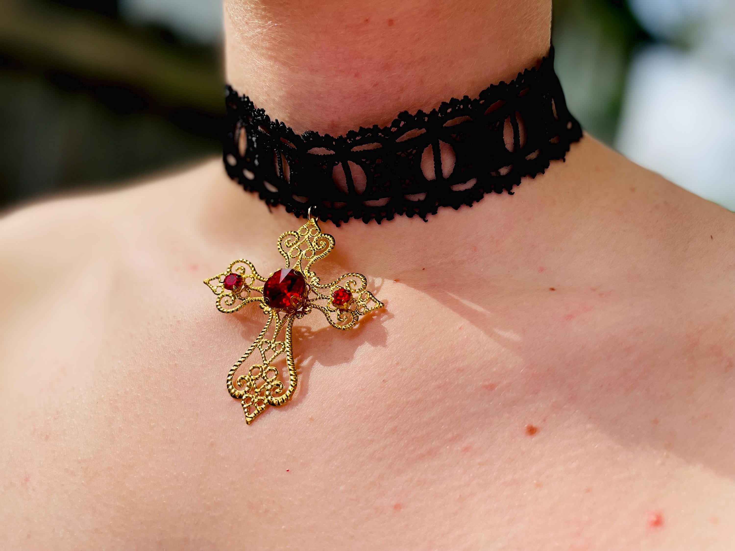 Gothic Red Crystal Collar Choker: Vintage Vampire Black Lace Necklace with Filigree Cross Pendant