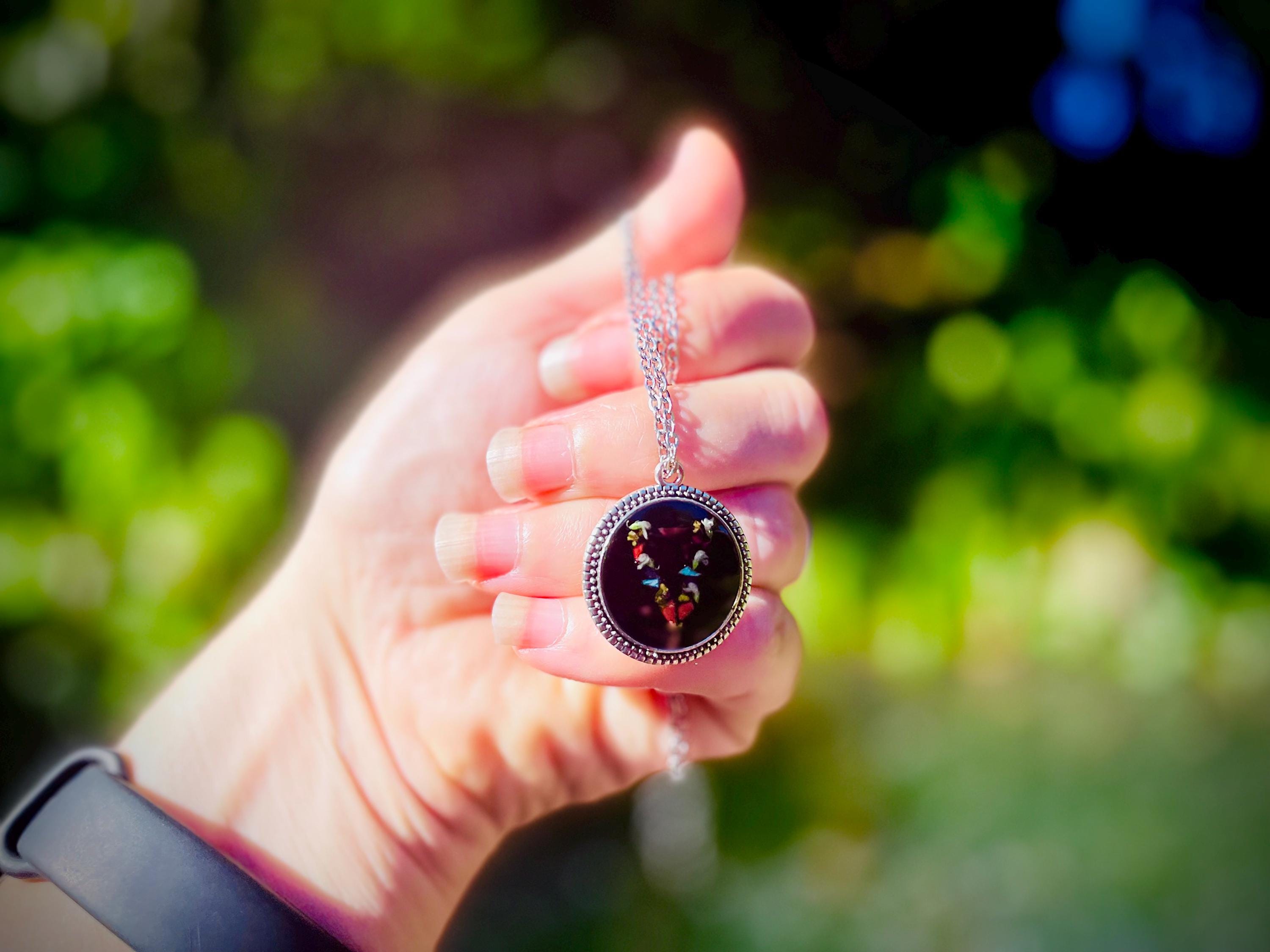 Personalized Pressed Birth Flower Initial Pendant Necklace Black: Gothic Resin Jewelry