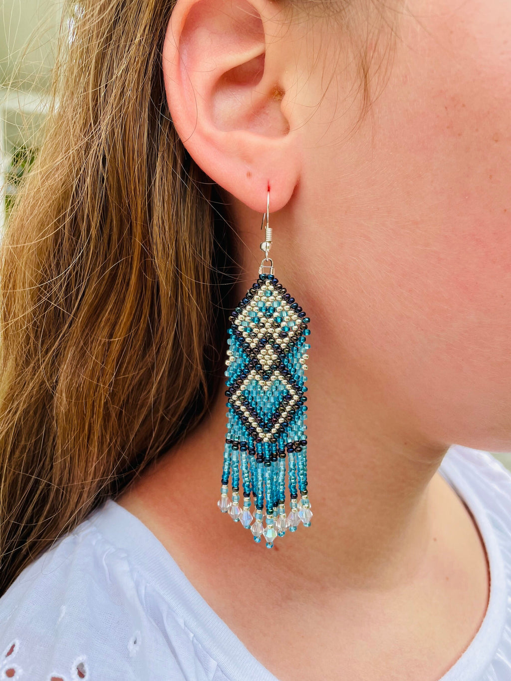 Turquoise beaded earrings Long earrings Fringe earrings Ombre earrings Seed bead earrings Chandelier earring Boho beadwork earrings Dangle