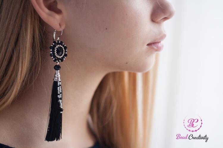 Handmade Emerald Green Swarovski Crystal Silk Tassel Earrings for Women 3-6 inch Long Custom Tassel Color
