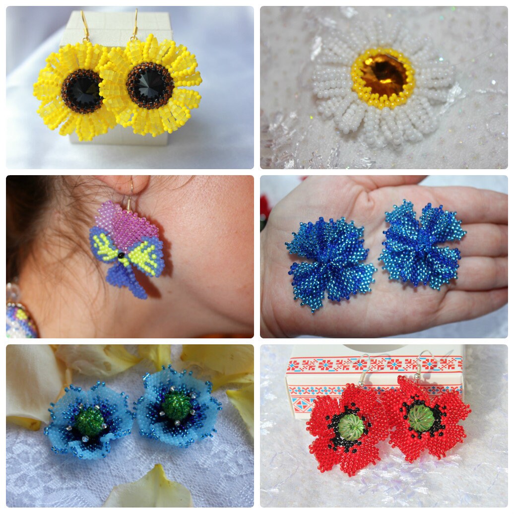 Floral Earrings Yellow Sunflower Earrings Red Poppy Earrings Summer Jewelry Colorful Earrings White chamomile Earrings BlChristmas clearance