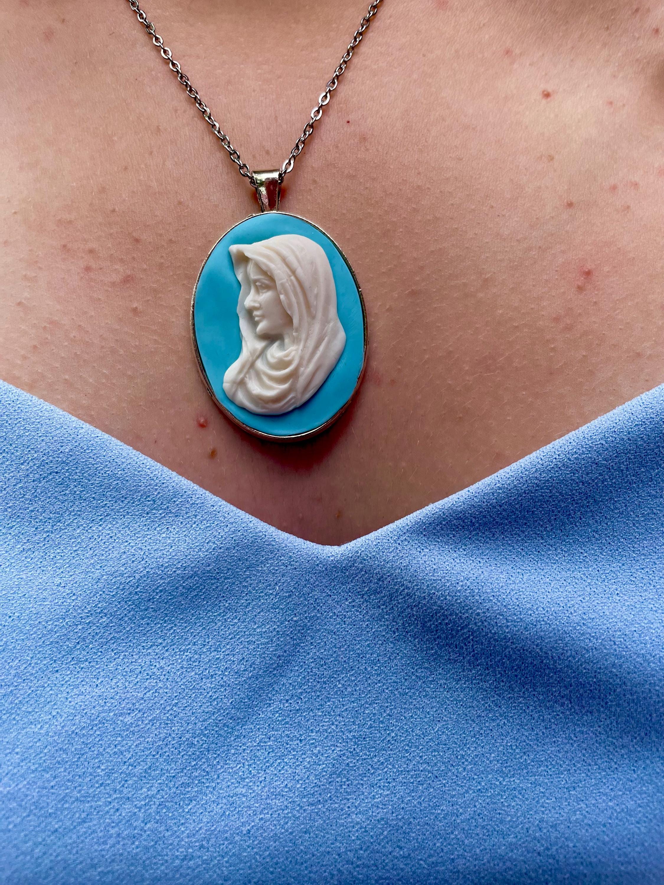 Handmade Virgin Mary Cameo Necklace: Catholic Gift with Birthstone