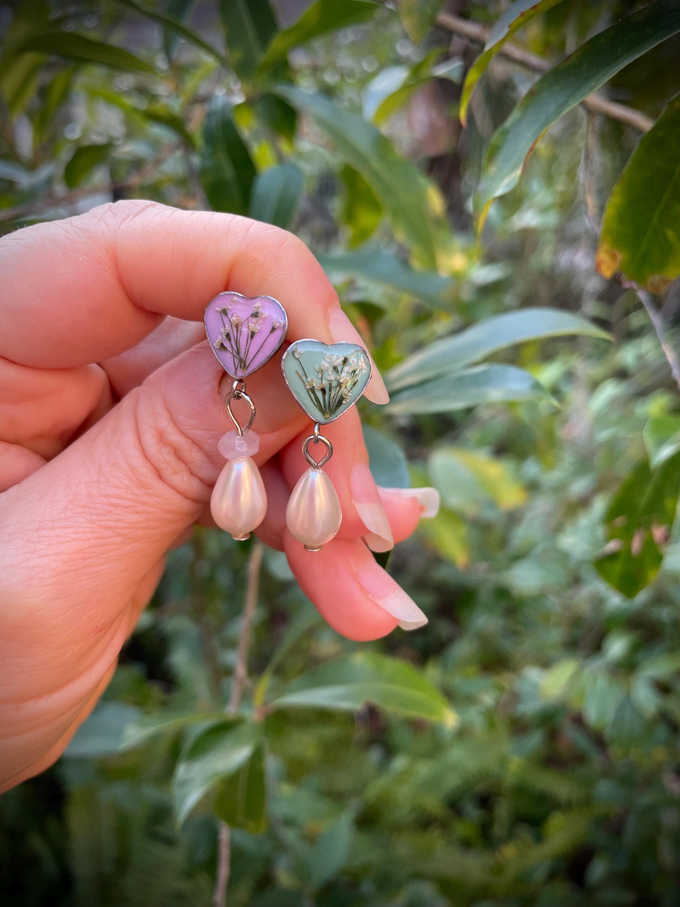 Heart Cameo Earrings: Queen Anne's Lace, Resin & Pearl Dangle