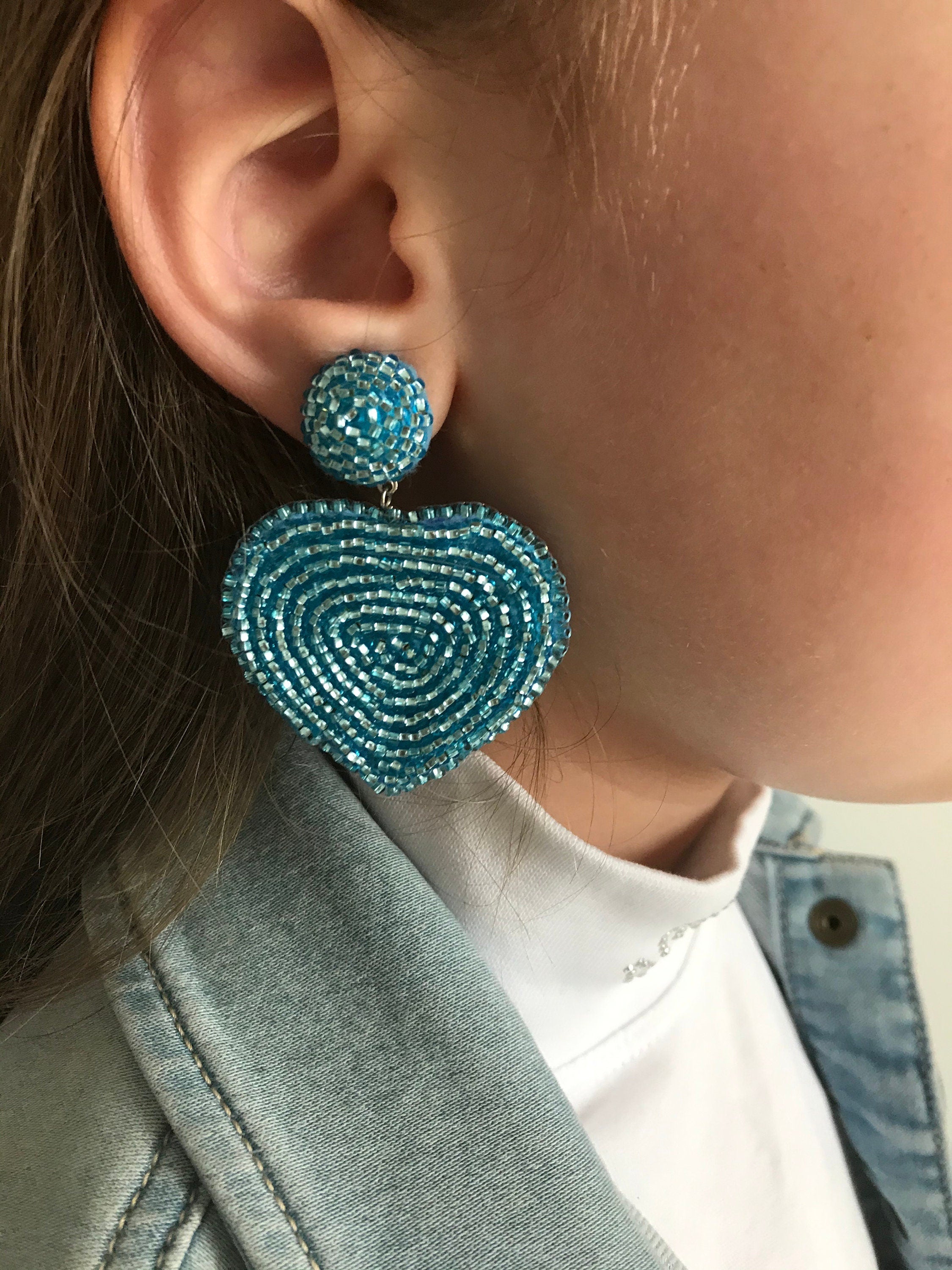 Earrings. Blue Heart earrings, dangle earrings, heart clip on earrings, Statement jewelry handmade, Valentine gift for her, heart embroidery