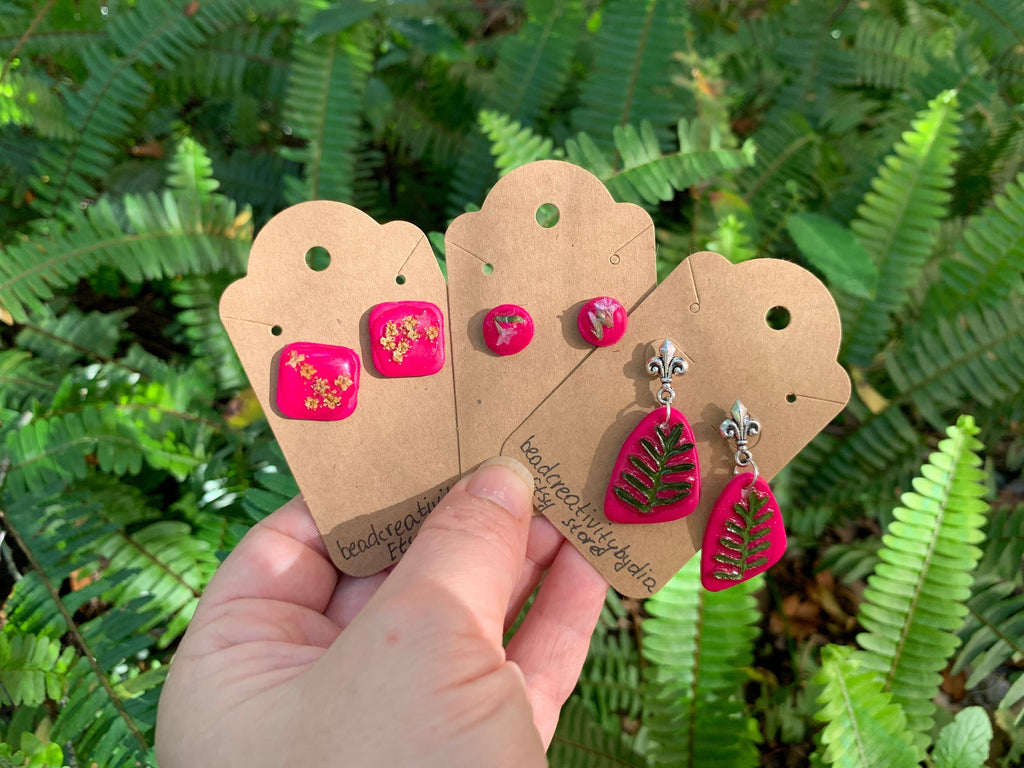 Minimalist earrings, Real flower earrings, fern earrings, hot pink polymer and resin clay earrings, pressed flower jewelry, flower girl gift