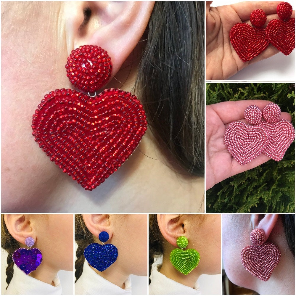 Valentines day heart earrings beaded | Red pink black big heart earrings clip on unique handmade valentines day gift for her wife girlfriend