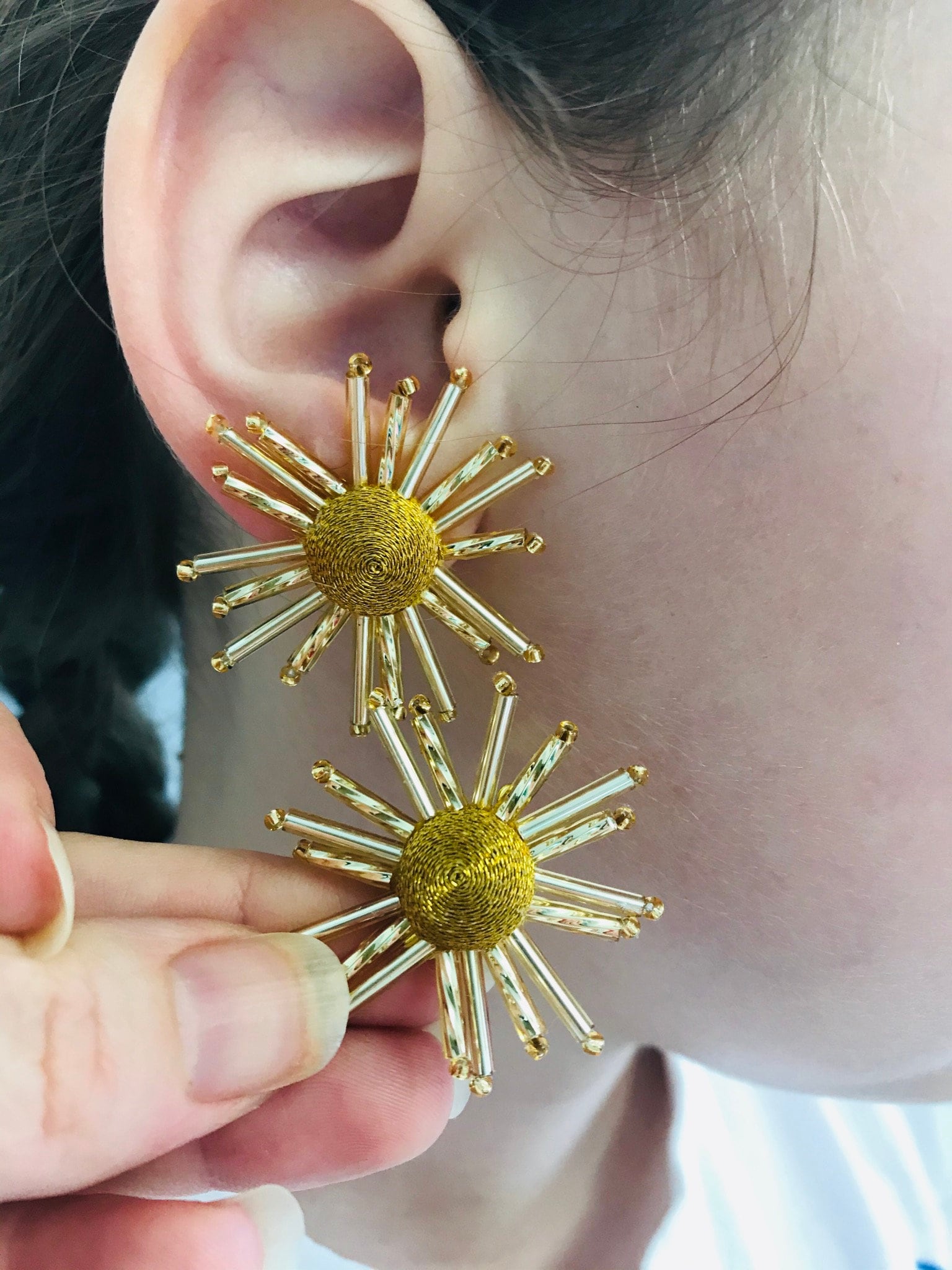 Gold Sunburst Earrings: Beaded Celestial Clip On Studs