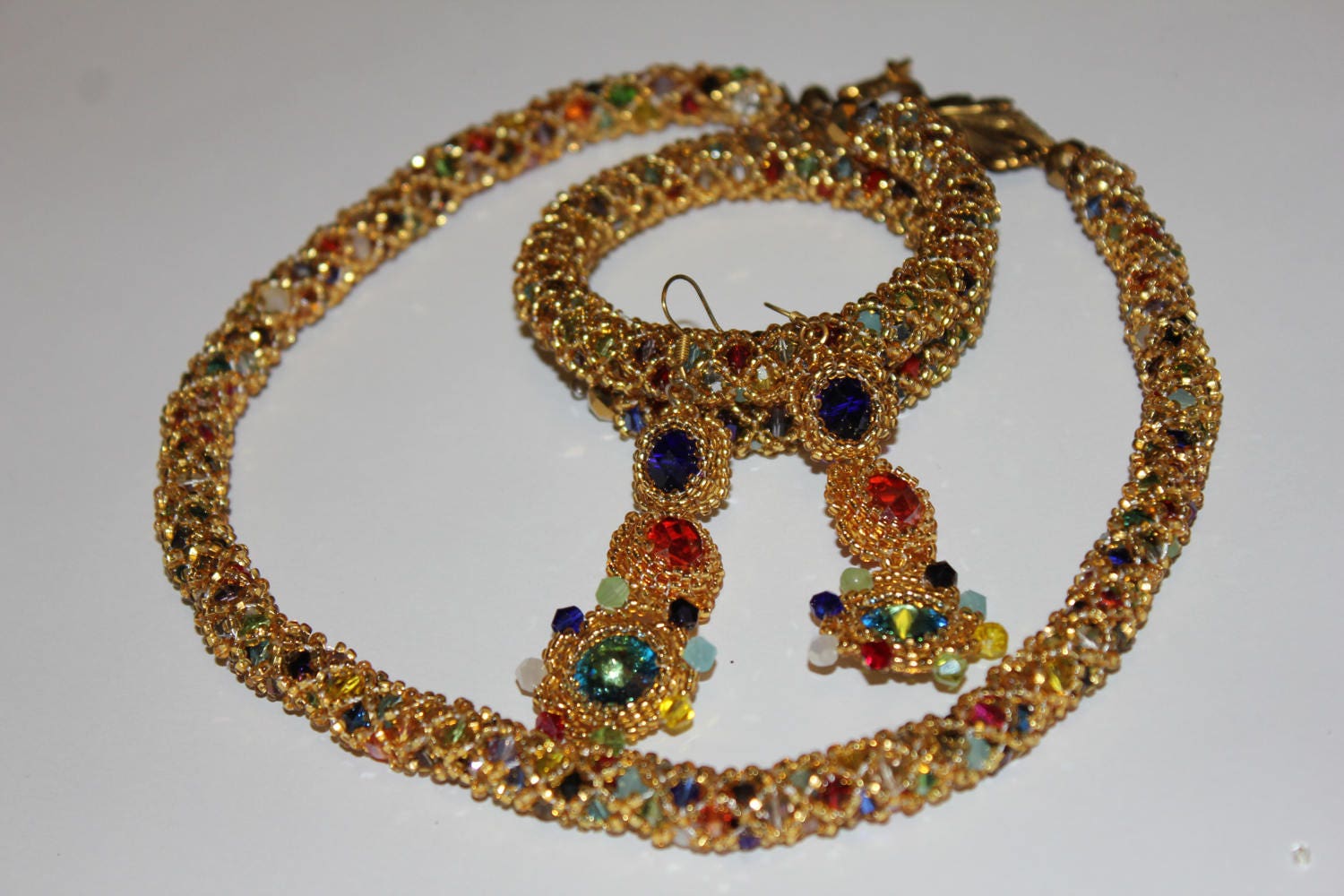 Bracelet. Mothers day gift for wife girlfriend. Gold beaded bracelet with rainbow crystals, handmade jewelry multicolored statement jewelry