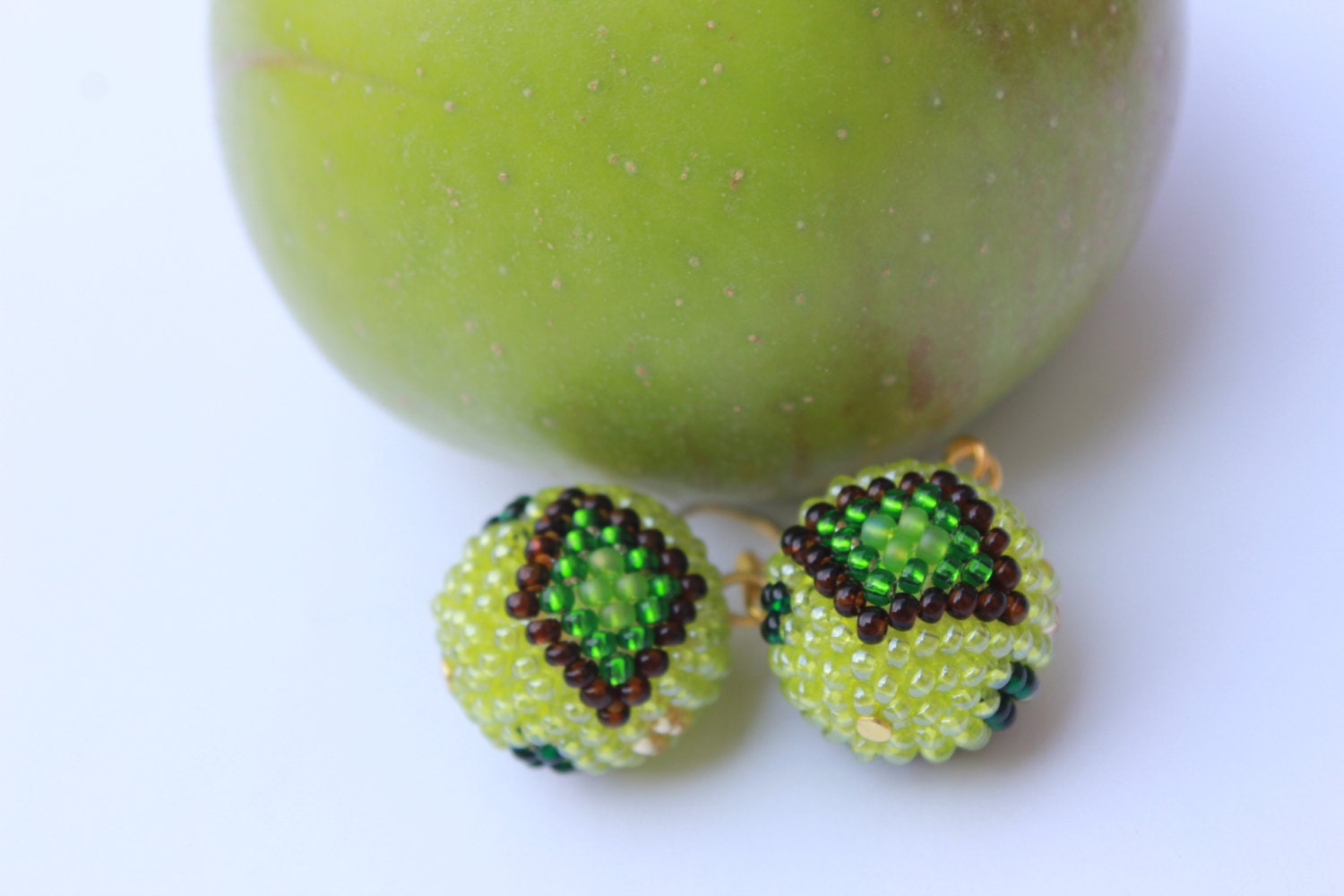 Chartreuse earrings, Apple green ball drop earrings~les bonbons earrings~seed bead globe earrings~simple modern earrings for girlfriend wife