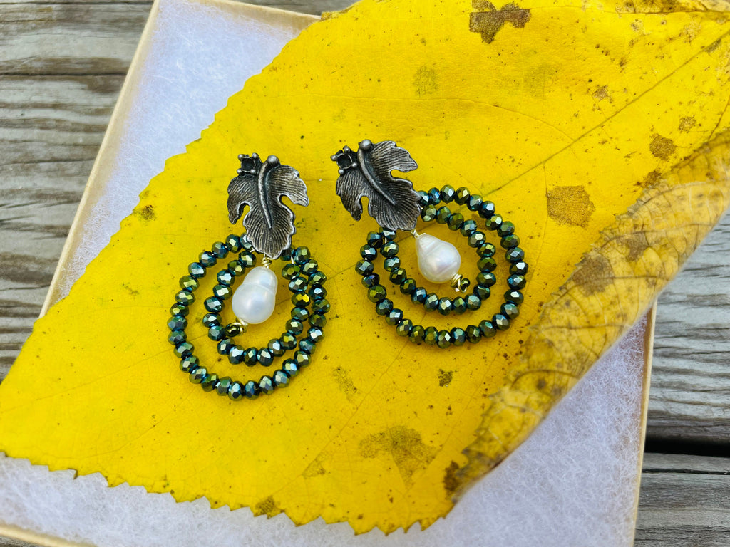 Leaf earrings stud,  Unique handmade earrings, green Swarovski crystal statement earrings, hoop earrings dangle, baroque pearl earrings mom