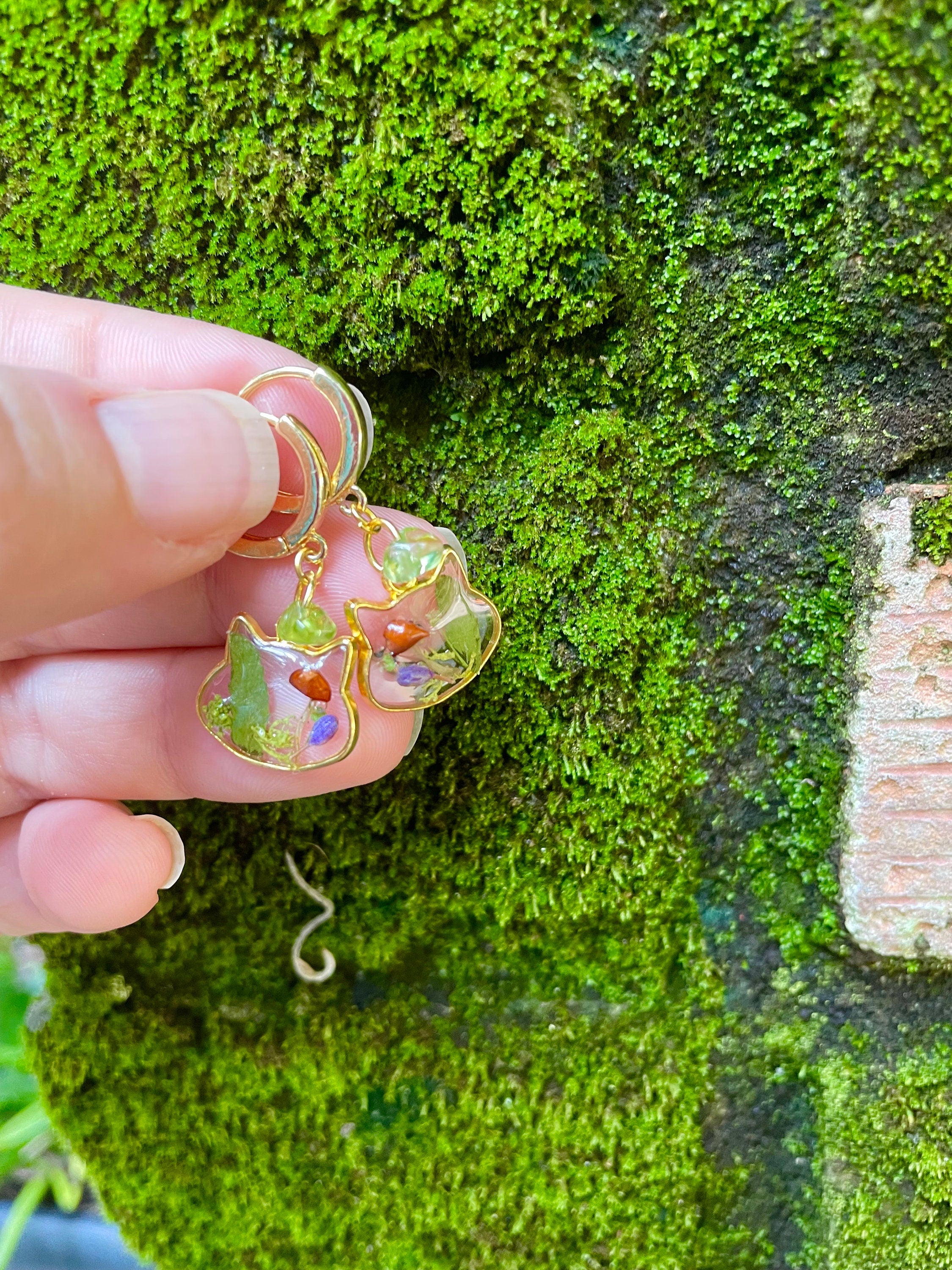 Handmade Cat Head Resin Earrings: Real Mushrooms, Ferns, Peridot Gold Hoops