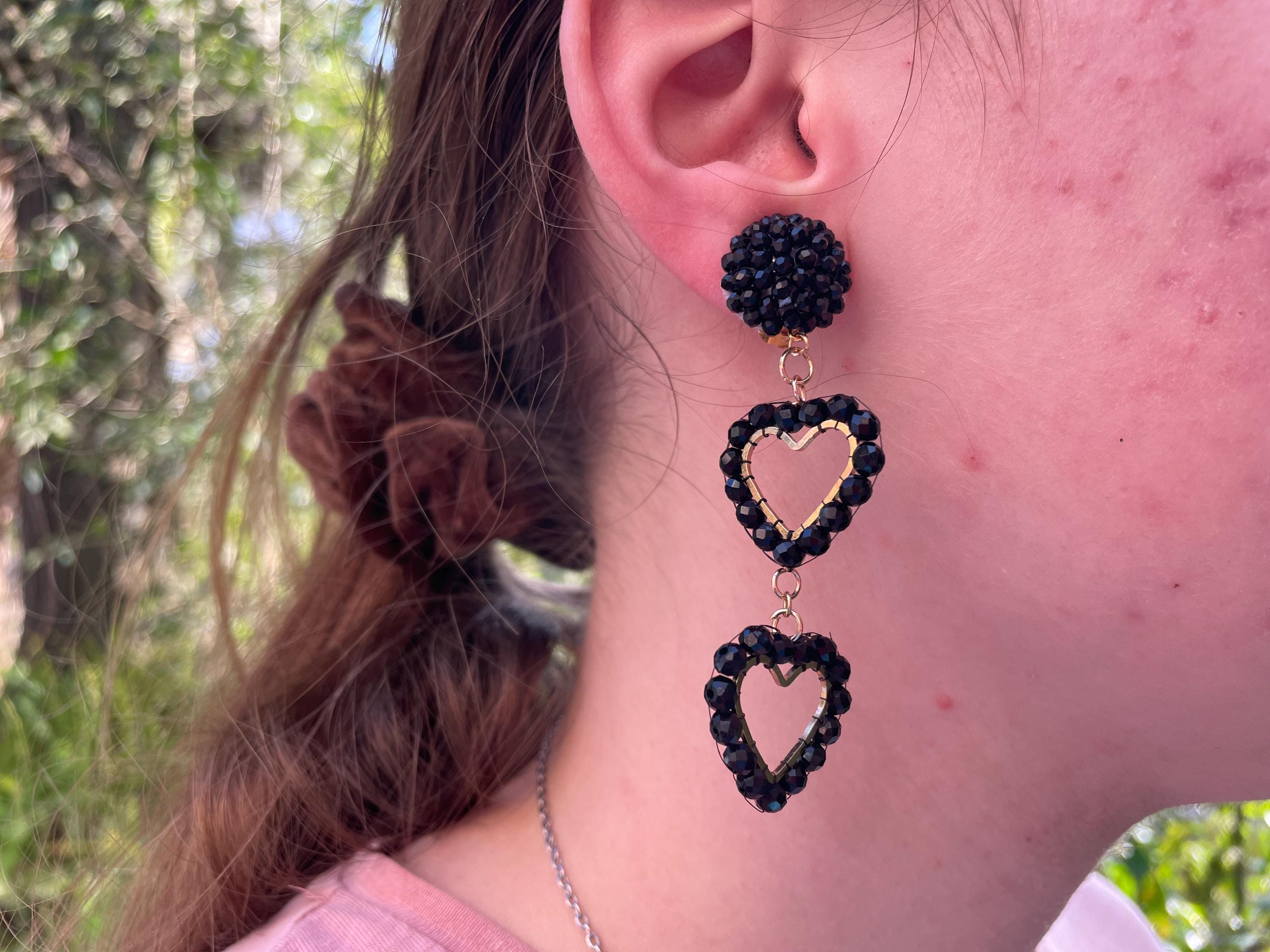 Black Beaded Heart Dangle Earrings Clip on/stud: Gothic Prom Statement Earrings